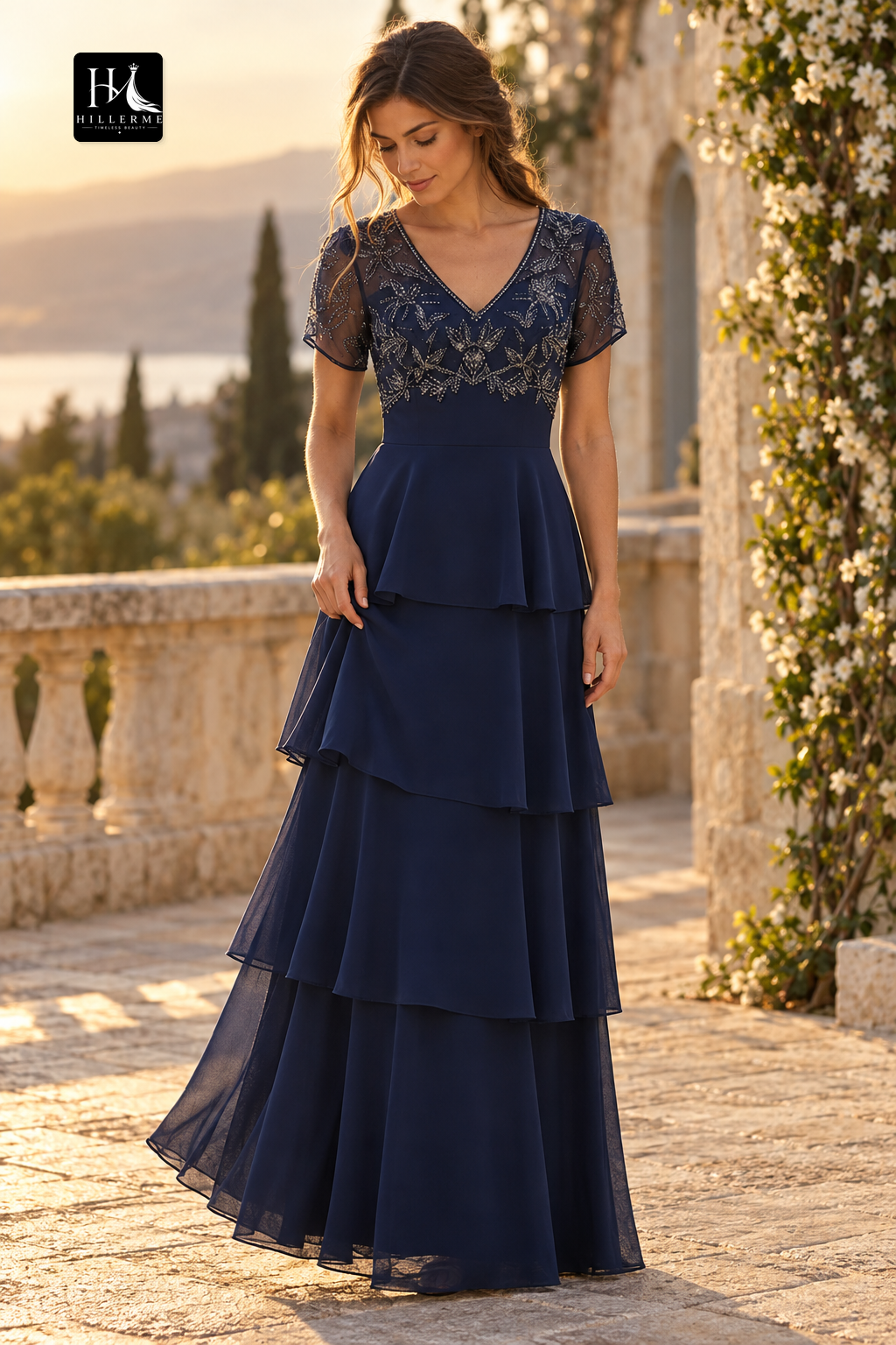 V-Neck Short Sleeve Appliqué Chiffon Tiered A-Line Mother of the Bride Dress