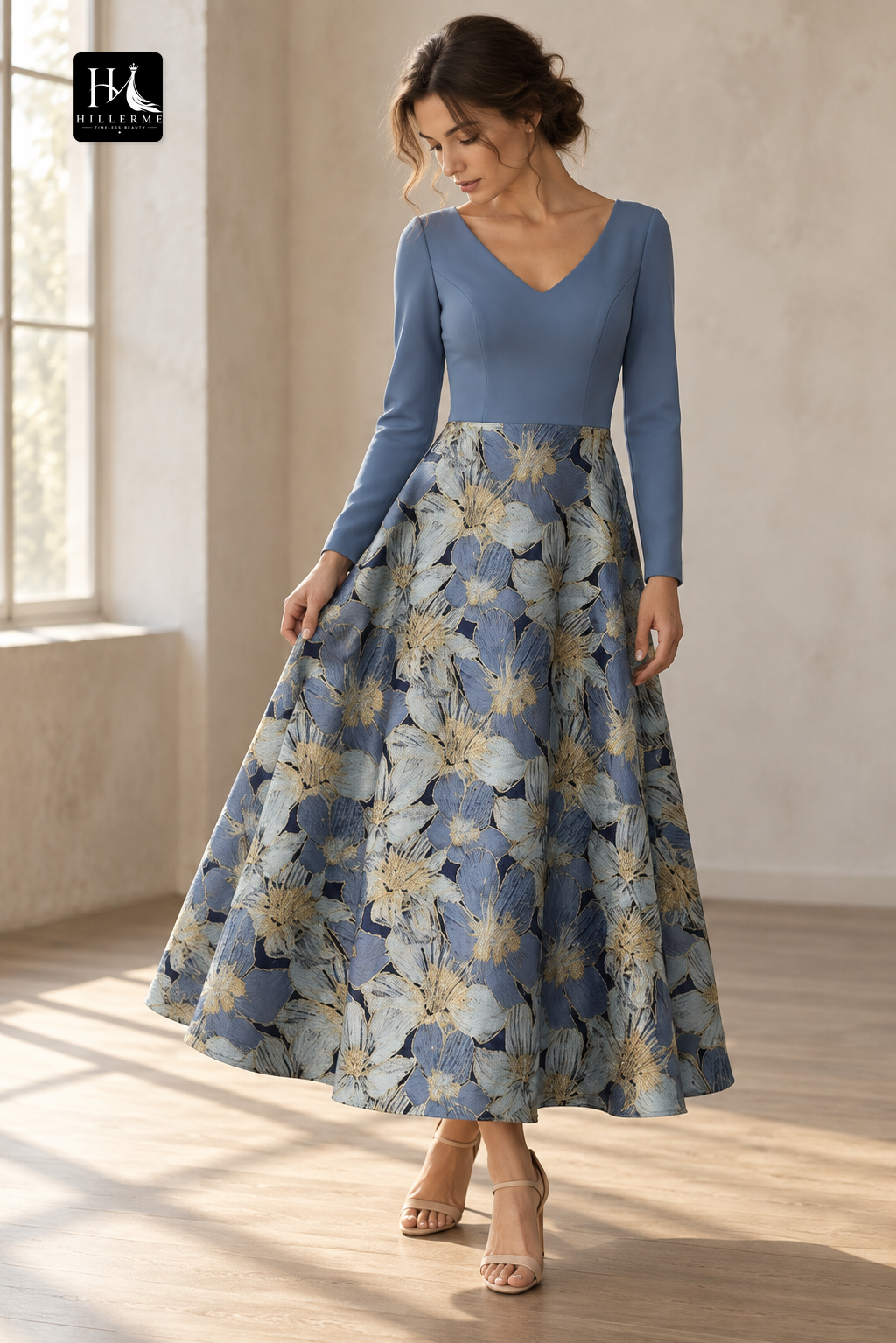 V-Neck Long Sleeve Ankle-Length Jacquard Satin Pleated A-Line Mother of the Bride Dress