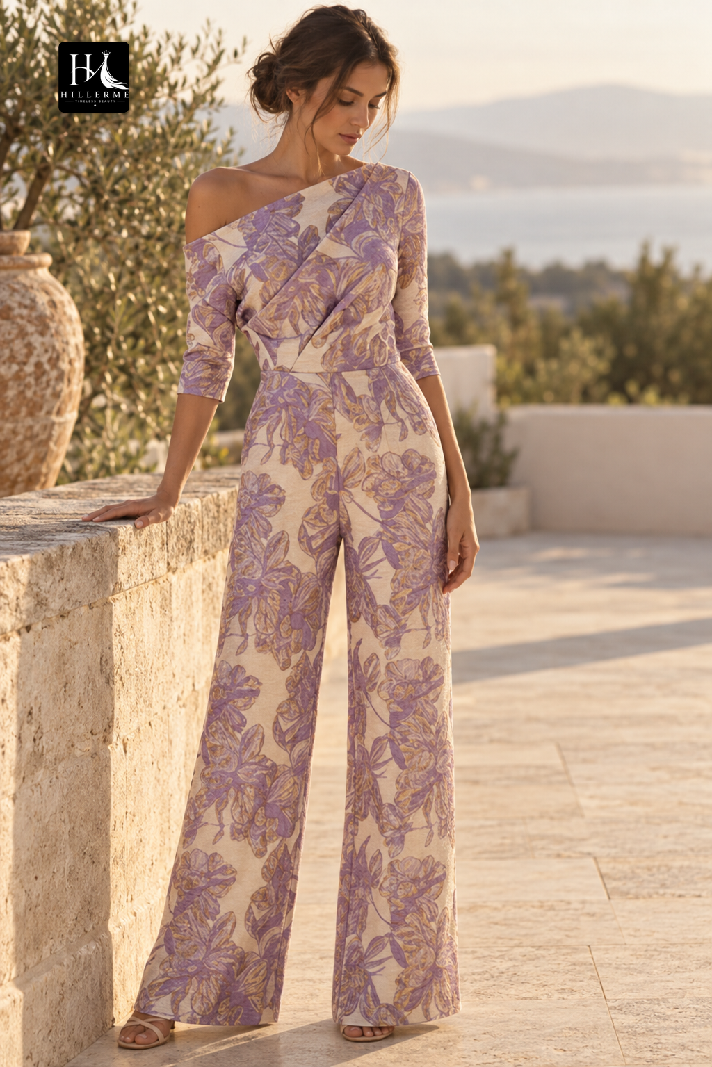 Asymmetrical-Neck Half-Sleeve Jacquard Satin Plied Mother of the Bride Jumpsuit