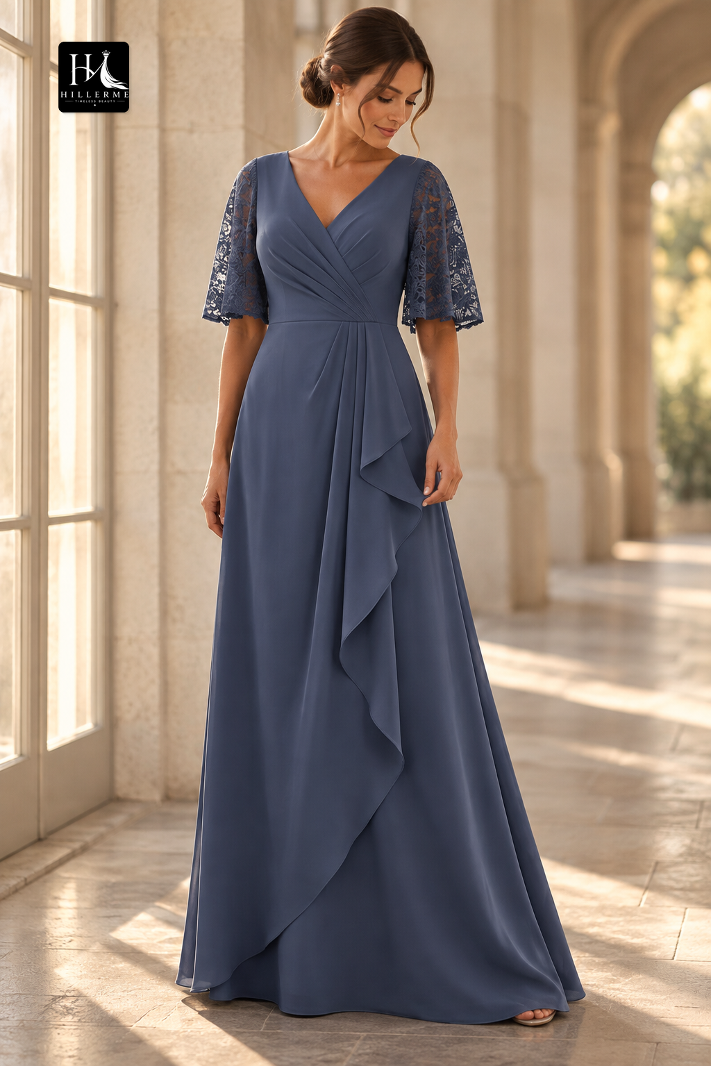 Strapless V-Neck Mother of the Bride Dress with Beaded Lace and Chiffon A-Line Floor-Length Skirt