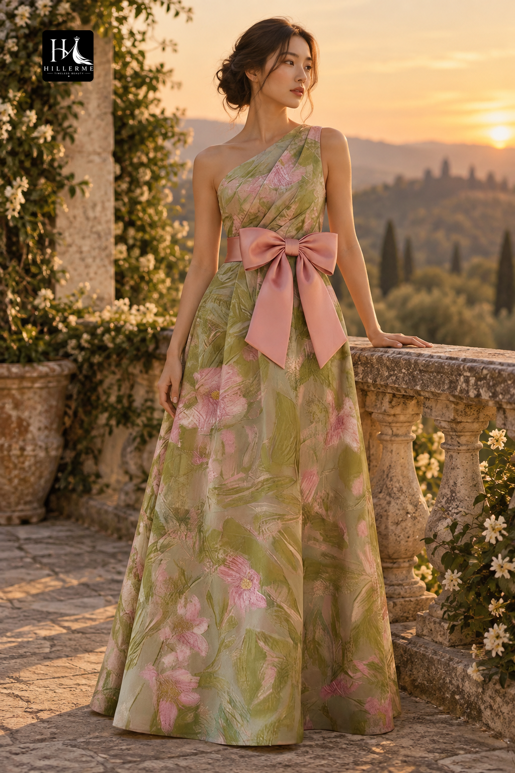 Sleeveless A-Line Mother of the Bride Dress with Asymmetrical Neckline and Bow Detail in Jacquard Satin