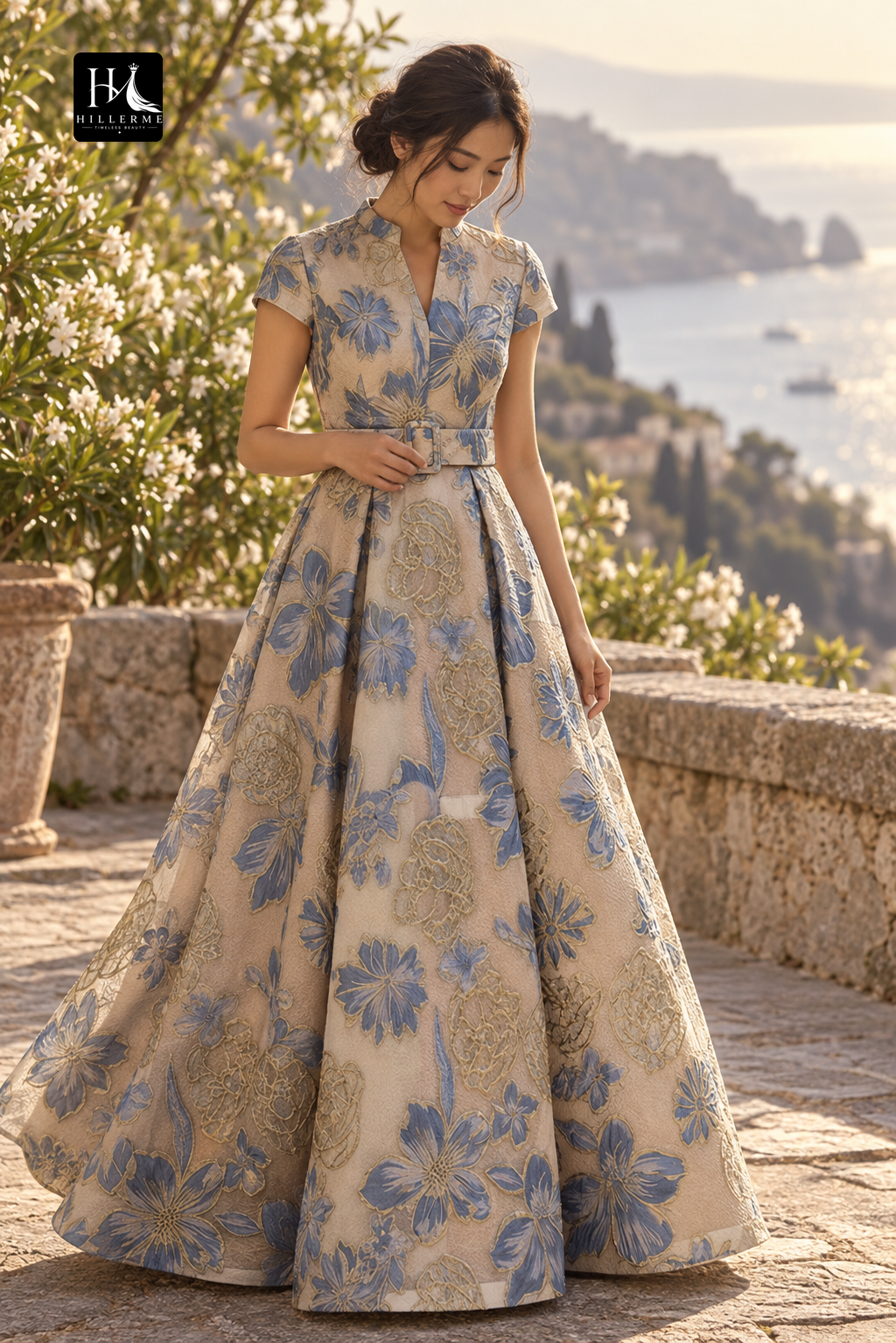 V-Neck Cap-Sleeve Jacquard Satin Pleated Floor-Length A-Line Mother of the Bride Dress