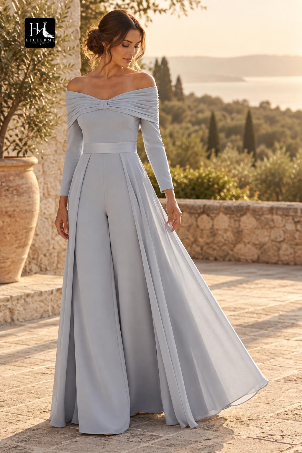 Floor-Length Chiffon Jumpsuit with V-Neck and Long Sleeves for Mother of the Bride