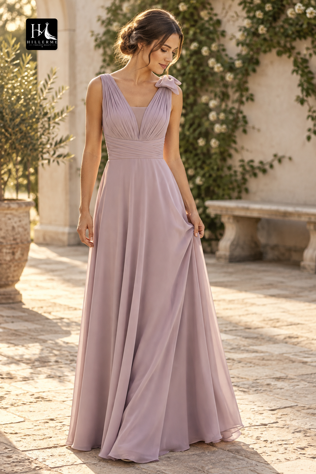 Floor-Length Chiffon Pleated Deep V-Neck Mother of the Bride Dress with Straps