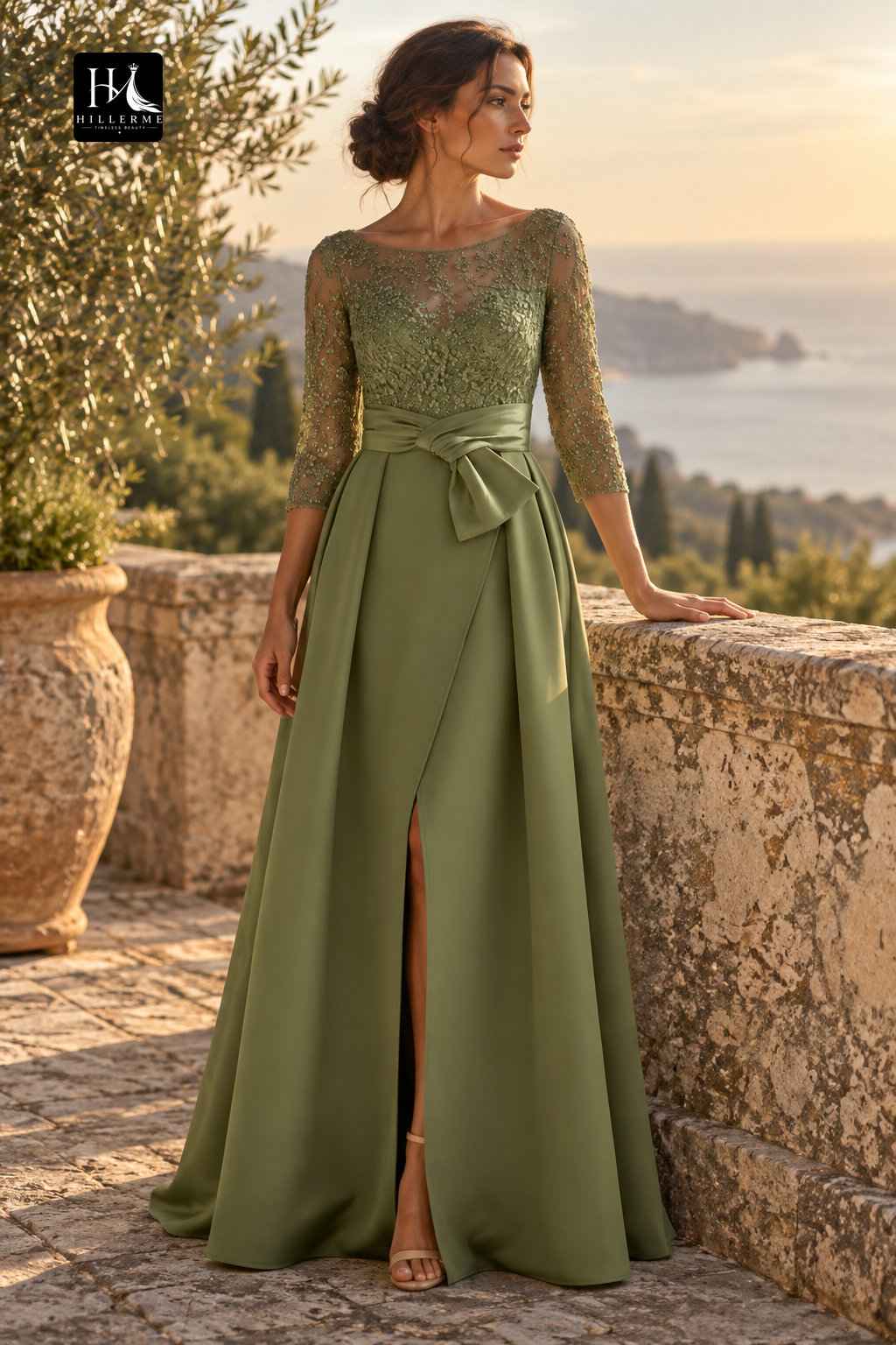 Satin A-Line Mother of the Bride Dress with Sequined Appliqués, Scoop Neck and 3/4 Sleeves