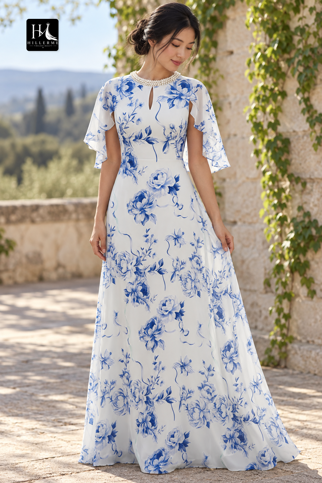 Scoop-Neck Cape-Sleeve Beaded Print Chiffon Floor-Length A-Line Mother of the Bride Dress