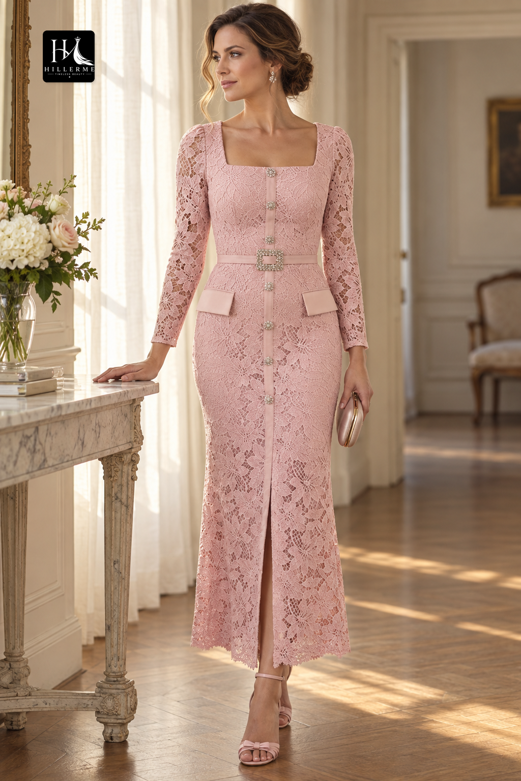 Square-Neck Long-Sleeve Lace Appliqué Ankle-Length Mermaid Mother of the Bride Dress