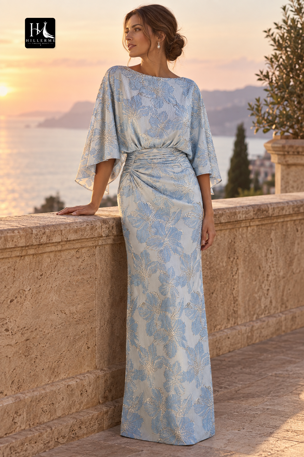 Scoop-Neck Mermaid Floor-Length Mother of the Bride Dress in Luxurious Jacquard Satin with Pleated Detailing