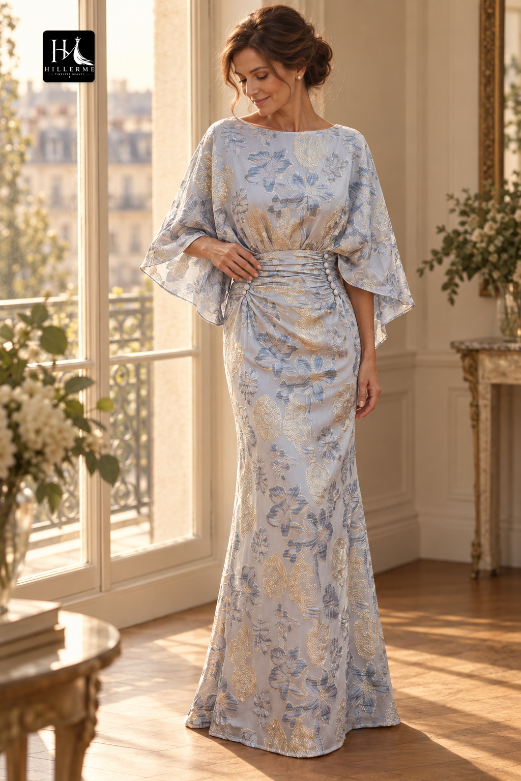 Floor-Length Mermaid Mother of the Bride Dress with Scoop Neckline and Jacquard Satin Pleating