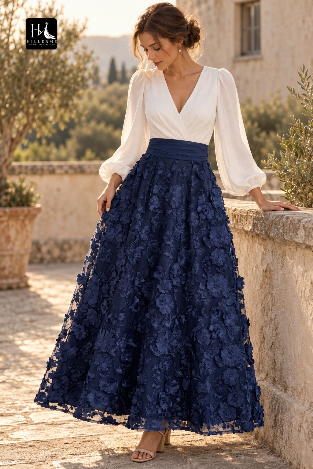 V-Neck 3/4 Sleeves Ankle-Length 3D Floral Satin Pleated A-Line Mother of the Bride Dress