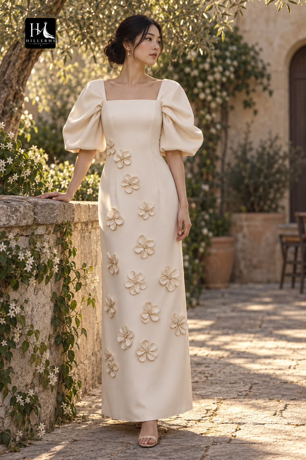 Square-Neck Satin Pleated Ankle-Length Mother of the Bride Dress with 3D Floral Embellishments