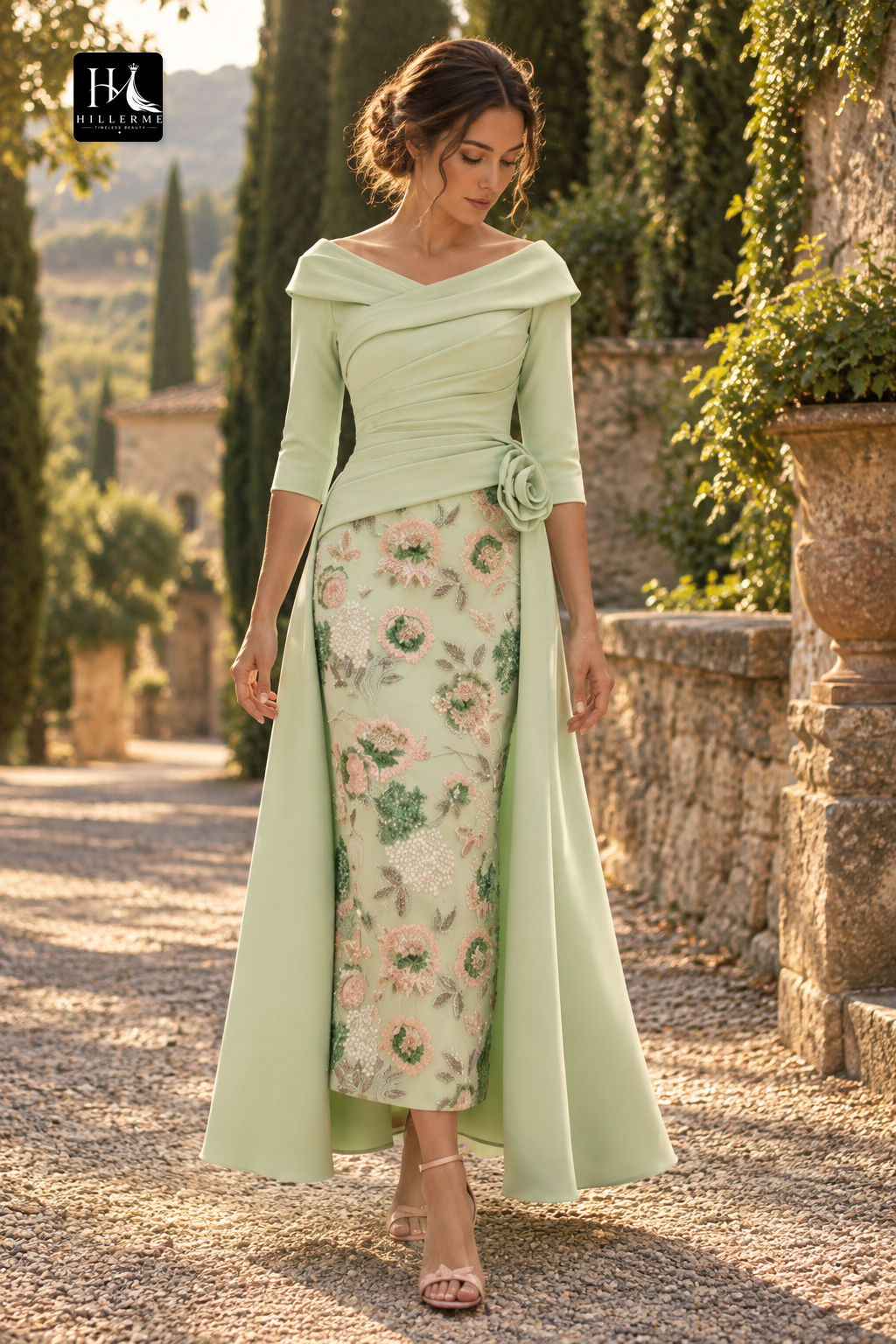 V-Neck 3/4-Sleeve Ankle-Length Mermaid Mother of the Bride Dress with 3D Floral Sequins