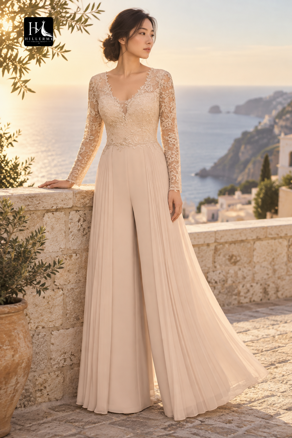 Sequined Beaded Chiffon Jumpsuit with V-Neck and Long Sleeves for Mother of the Bride