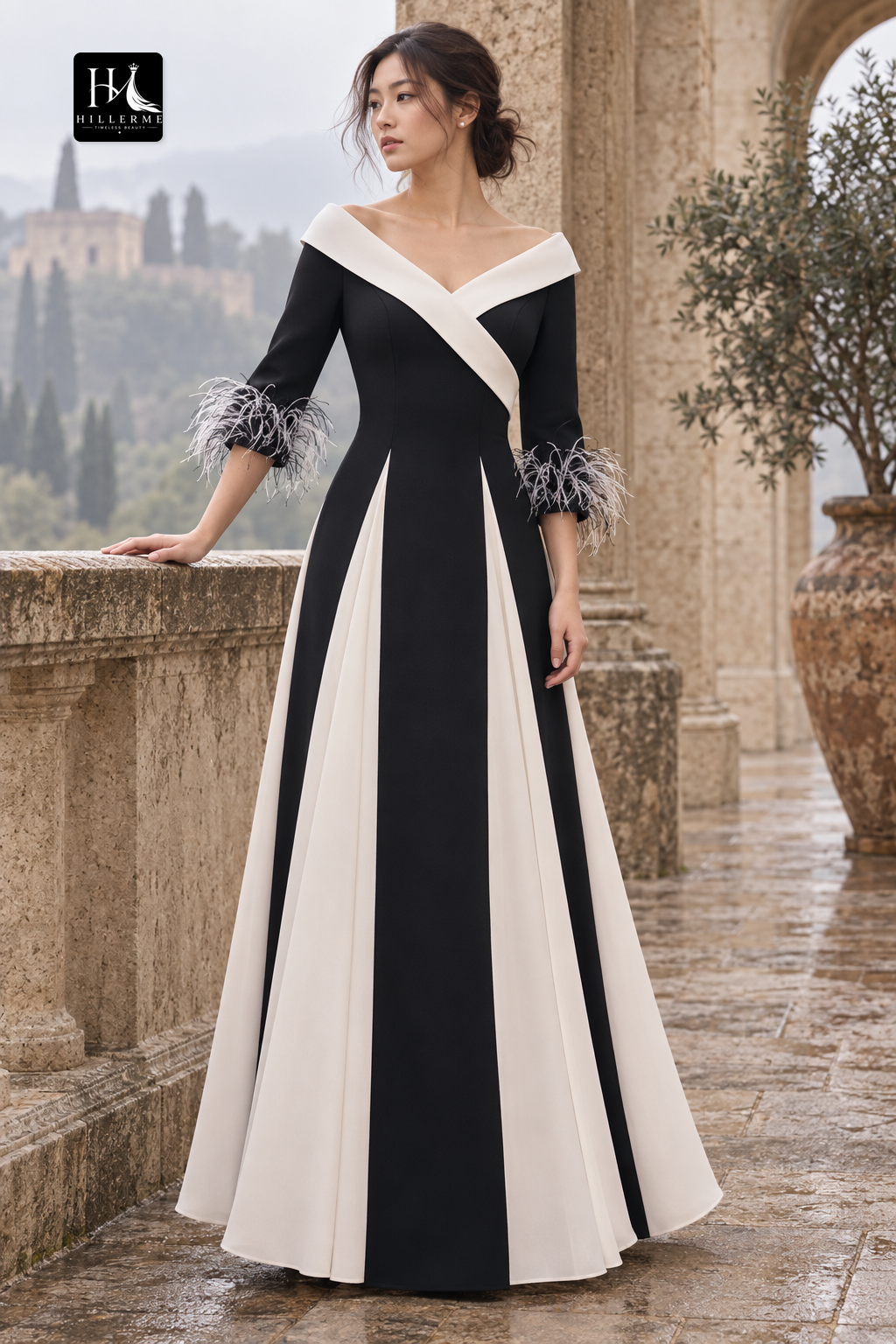 Strapless V-Neck Fringed Two-Tone Chiffon A-Line Mother of the Bride Dress with Pleated Bodice and Ankle-Length Silhouette