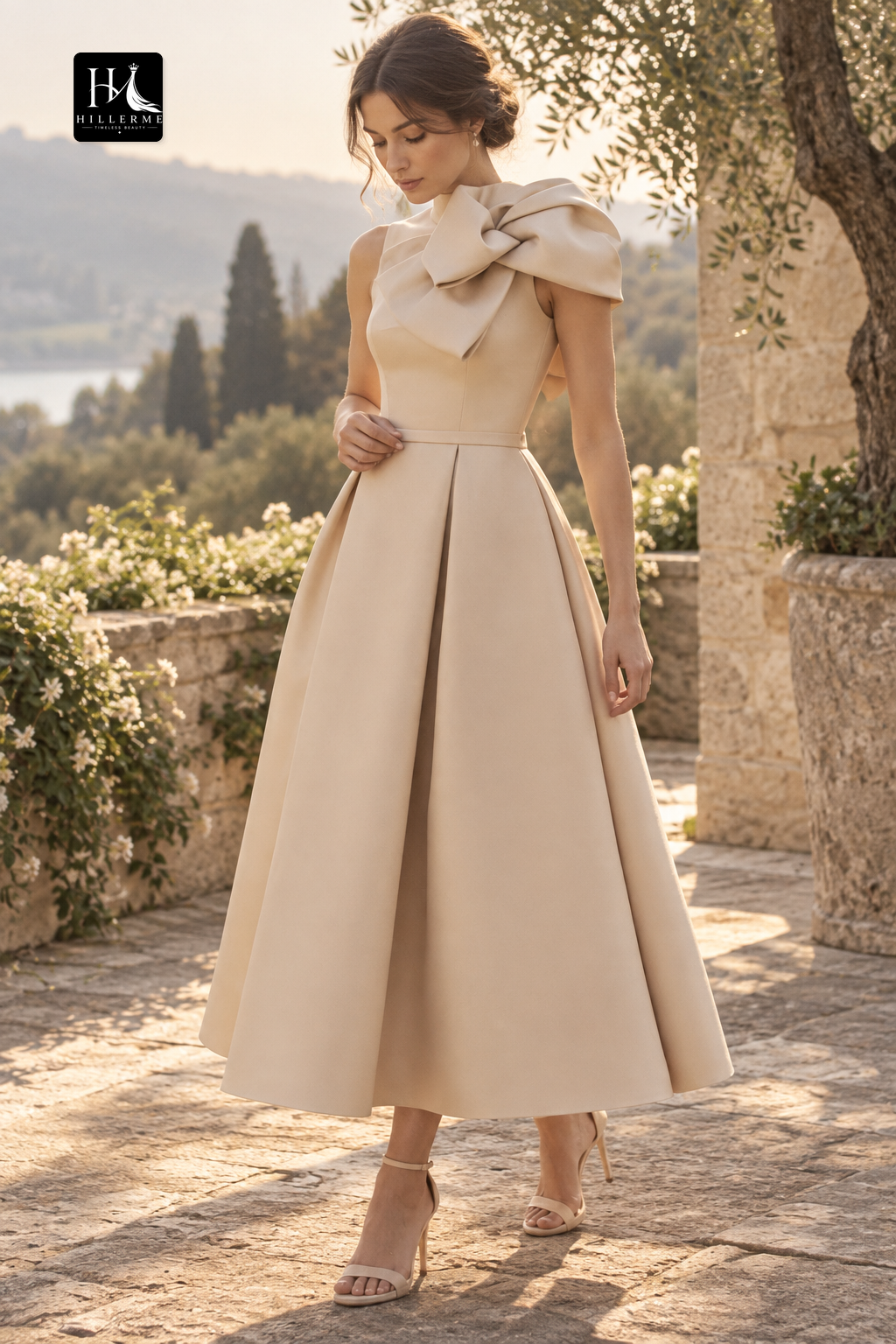 Asymmetrical-Neck Ankle-Length Satin Pleated A-Line Mother of the Bride Dress with Bow Detail