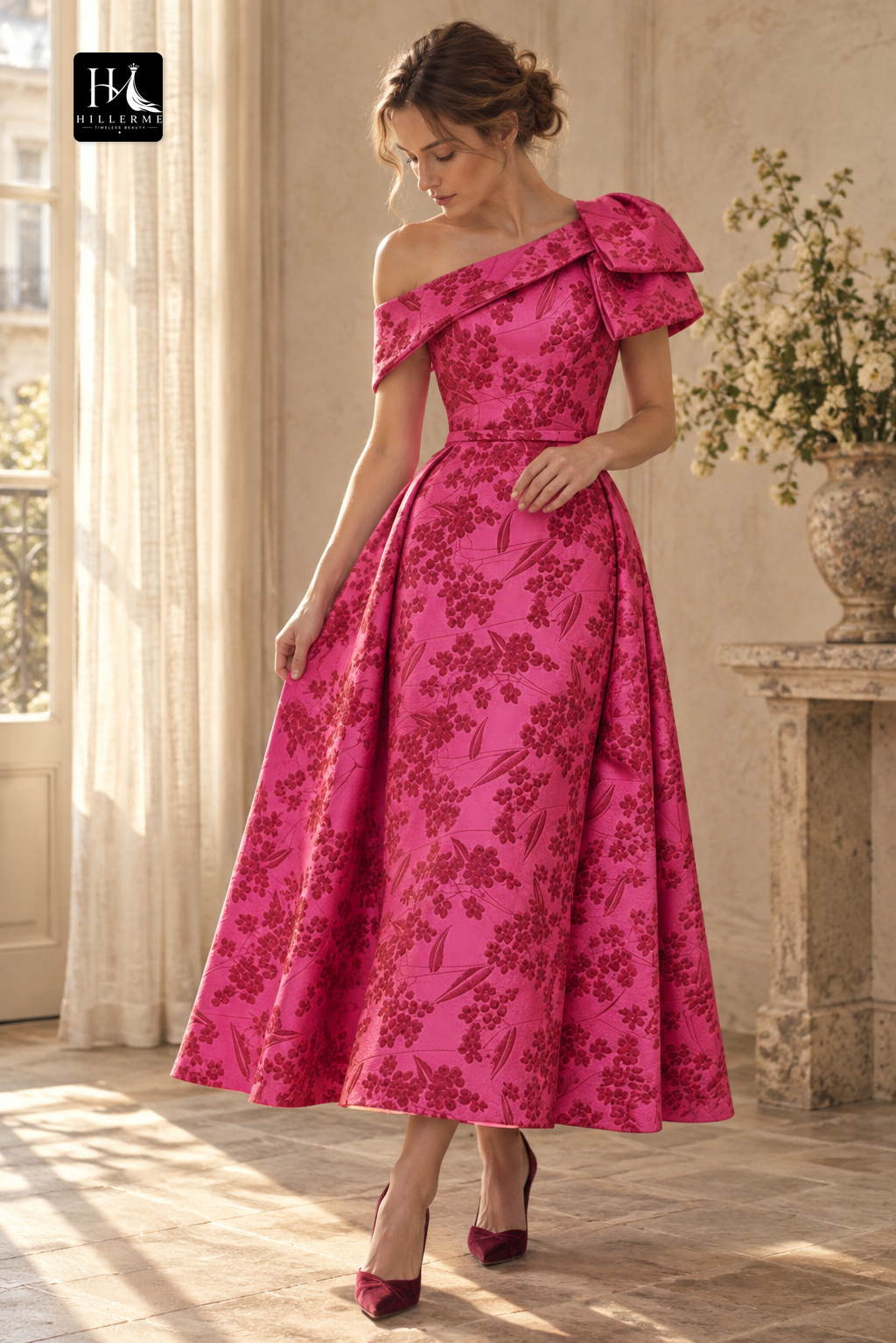 Asymmetrical-Neck Satin Mermaid Mother of the Bride Dress with Jacquard Pleating