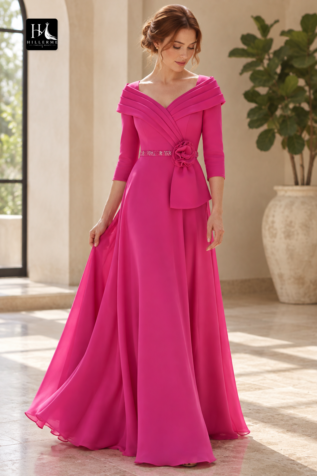 V-Neck 3/4-Sleeve Floor-Length Beaded Chiffon Pleated A-Line Mother of the Bride Dress