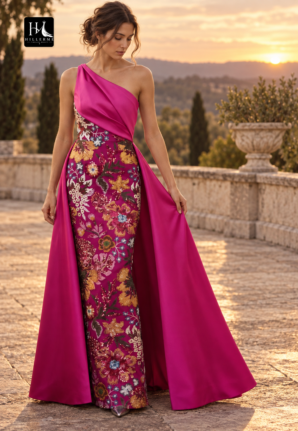 Asymmetrical-Neck Multi-Color Sequined Mermaid Mother of the Bride Gown with Train