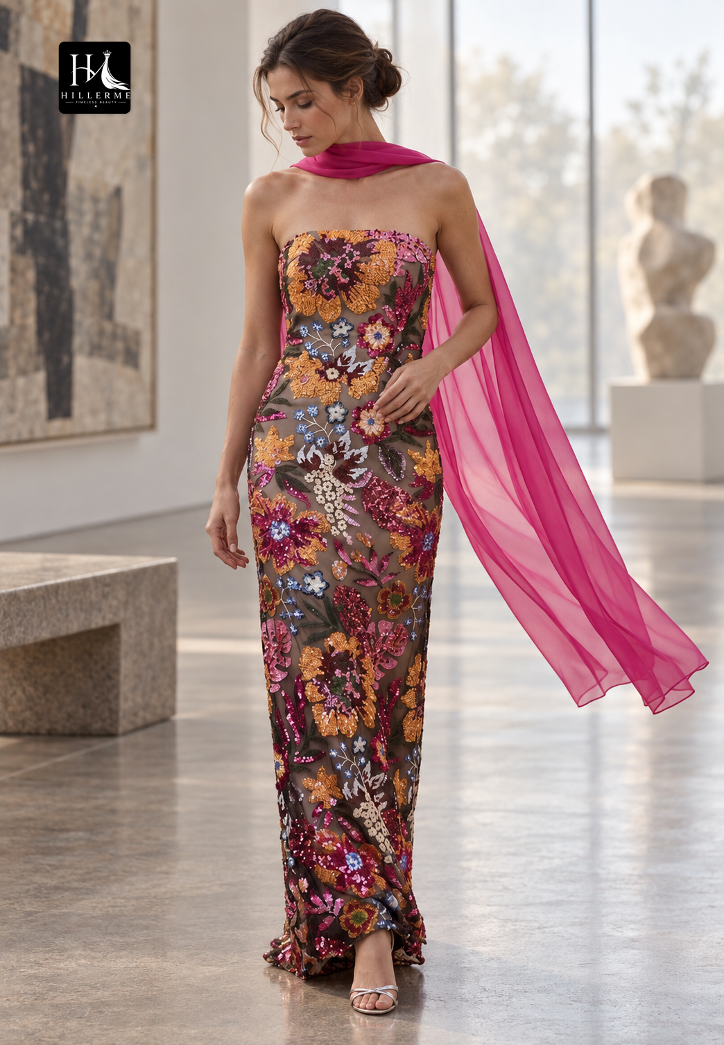 Strapless Tube Top Floor-Length Mermaid Gown with Multi-Color Sequins for Mother of the Bride