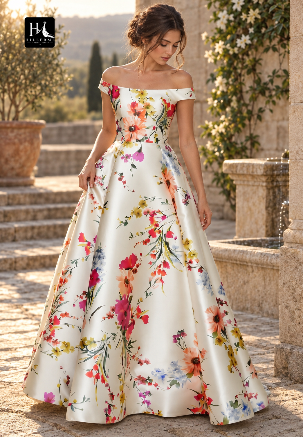 Print-Satin Pleated A-Line Floor-Length Mother of the Bride Dress with Bateau Neckline