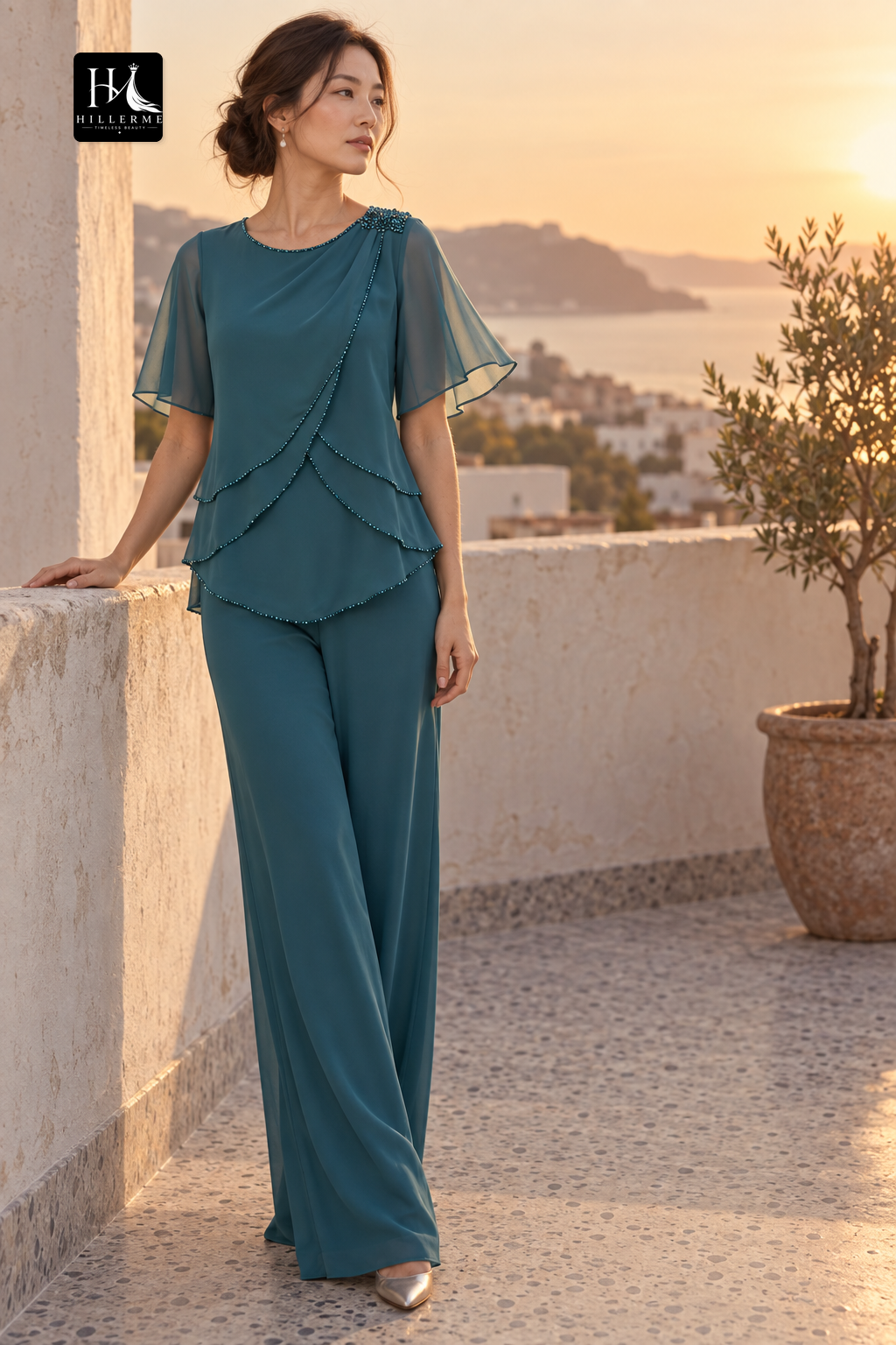 Scoop-Neck Beaded Tulle Tiered Jumpsuit for Mother of the Bride
