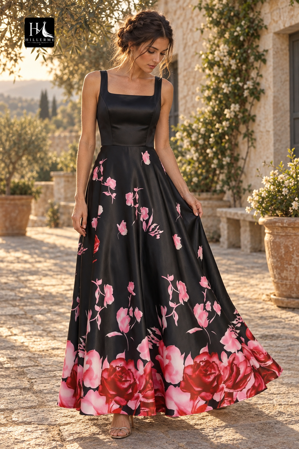 Print Satin Floor-Length A-Line Mother of the Bride Dress with Square Neck and Delicate Straps