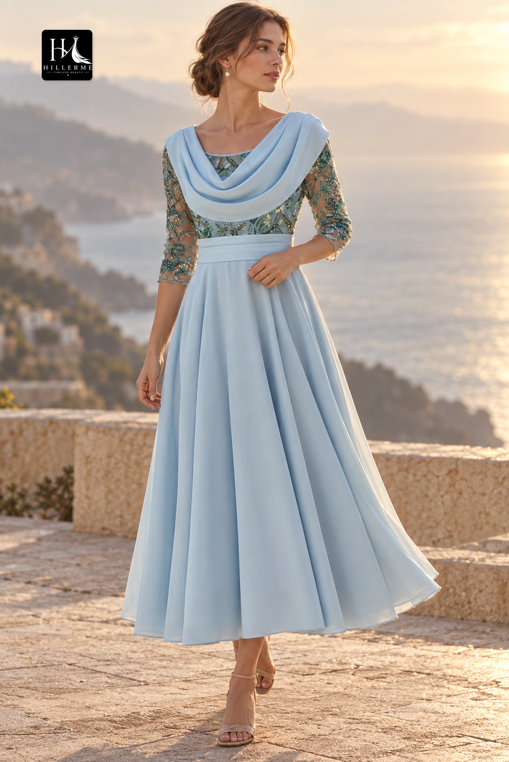 Scoop-Neck A-Line Chiffon Sequined Dress with 3/4 Sleeves for Mother of the Bride