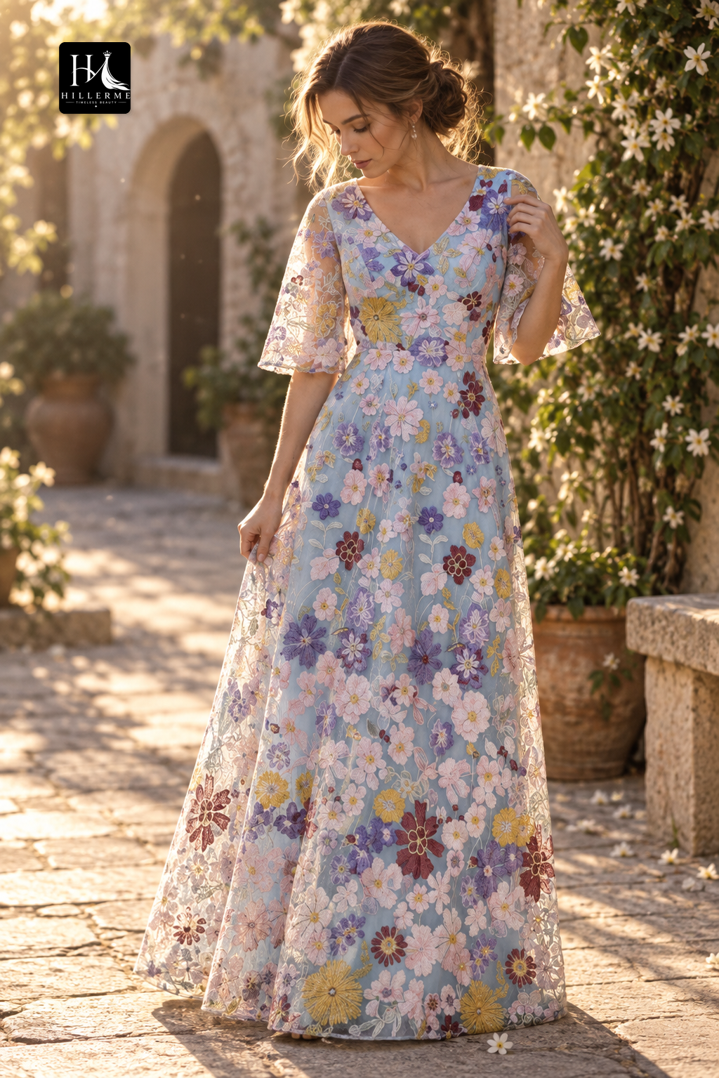V-Neck A-Line Short-Sleeve Floor-Length Jacquard Tulle Pleated Mother of the Bride Dress