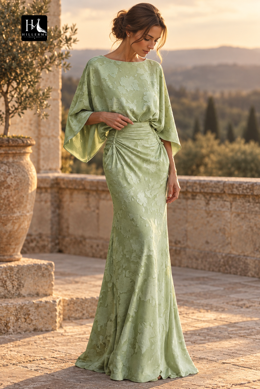 Scoop-Neck Half-Sleeve Print Satin Pleated Floor-Length Mermaid Mother of the Bride Dress
