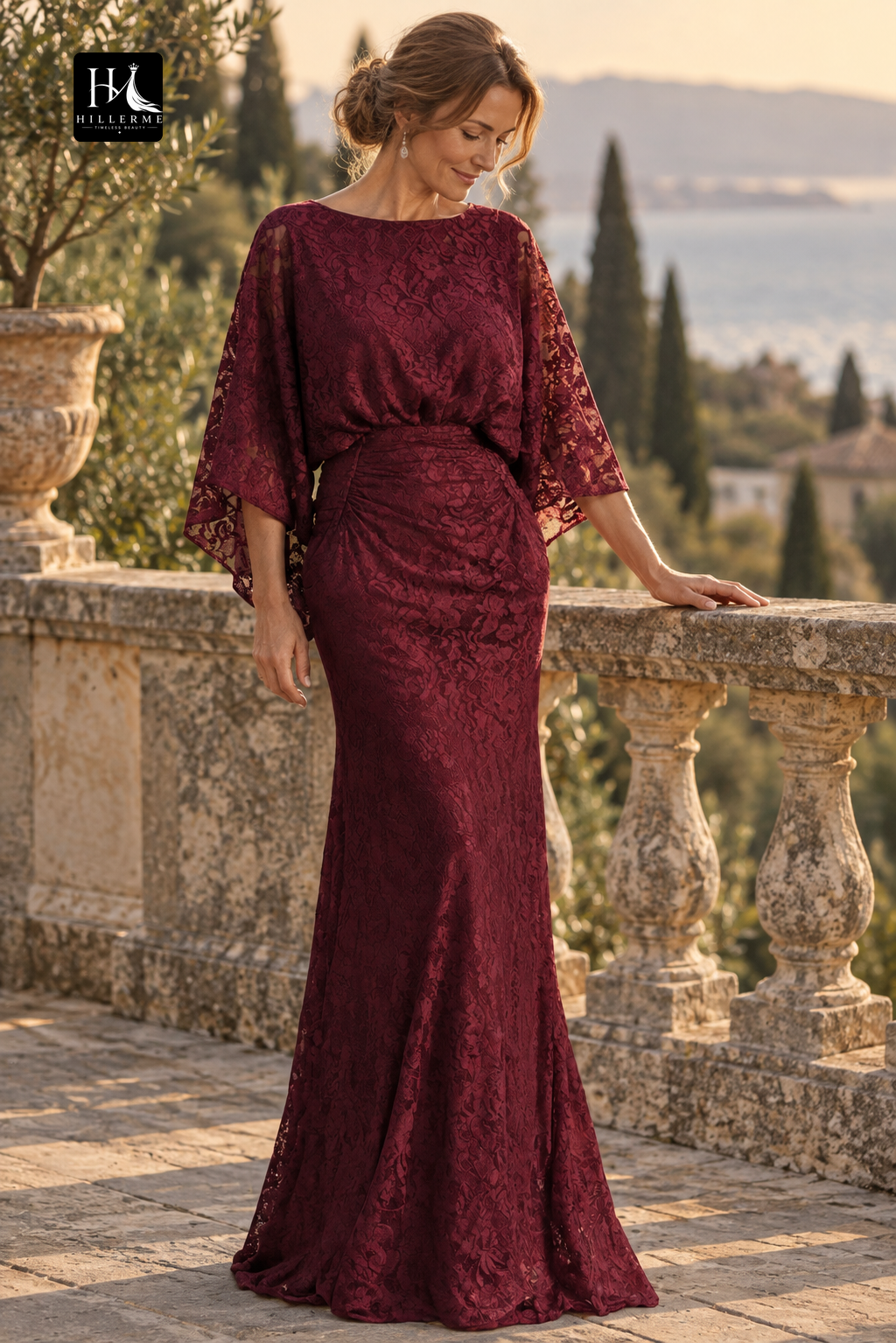 Scoop-Neck Half-Sleeve Appliqué Tulle Mermaid Floor-Length Mother of the Bride Dress