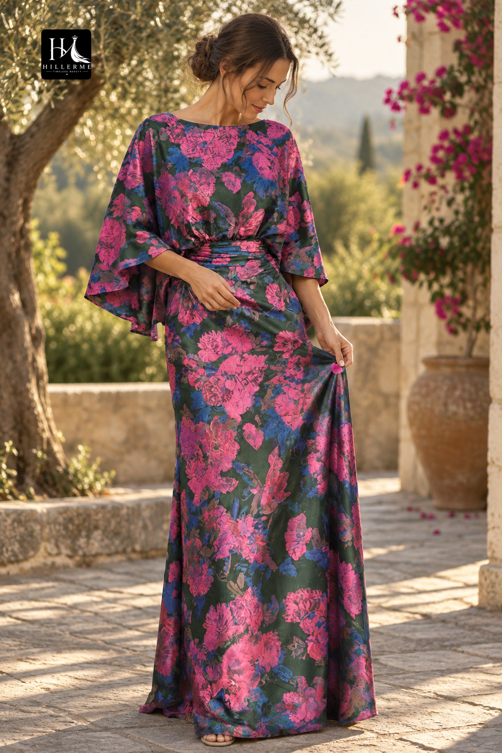 Scoop-Neck Half-Sleeve Print Satin Pleated Floor-Length Mermaid Mother of the Bride Dress