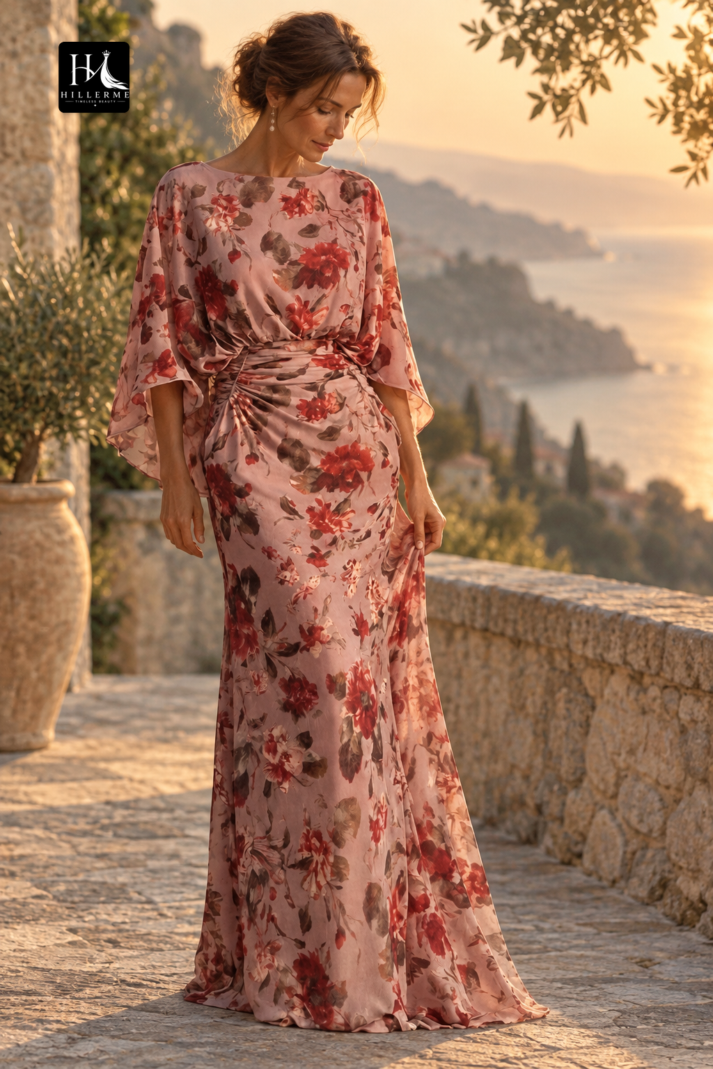 Scoop-Neck Half-Sleeve Print Satin Pleated Floor-Length Mermaid Mother of the Bride Dress