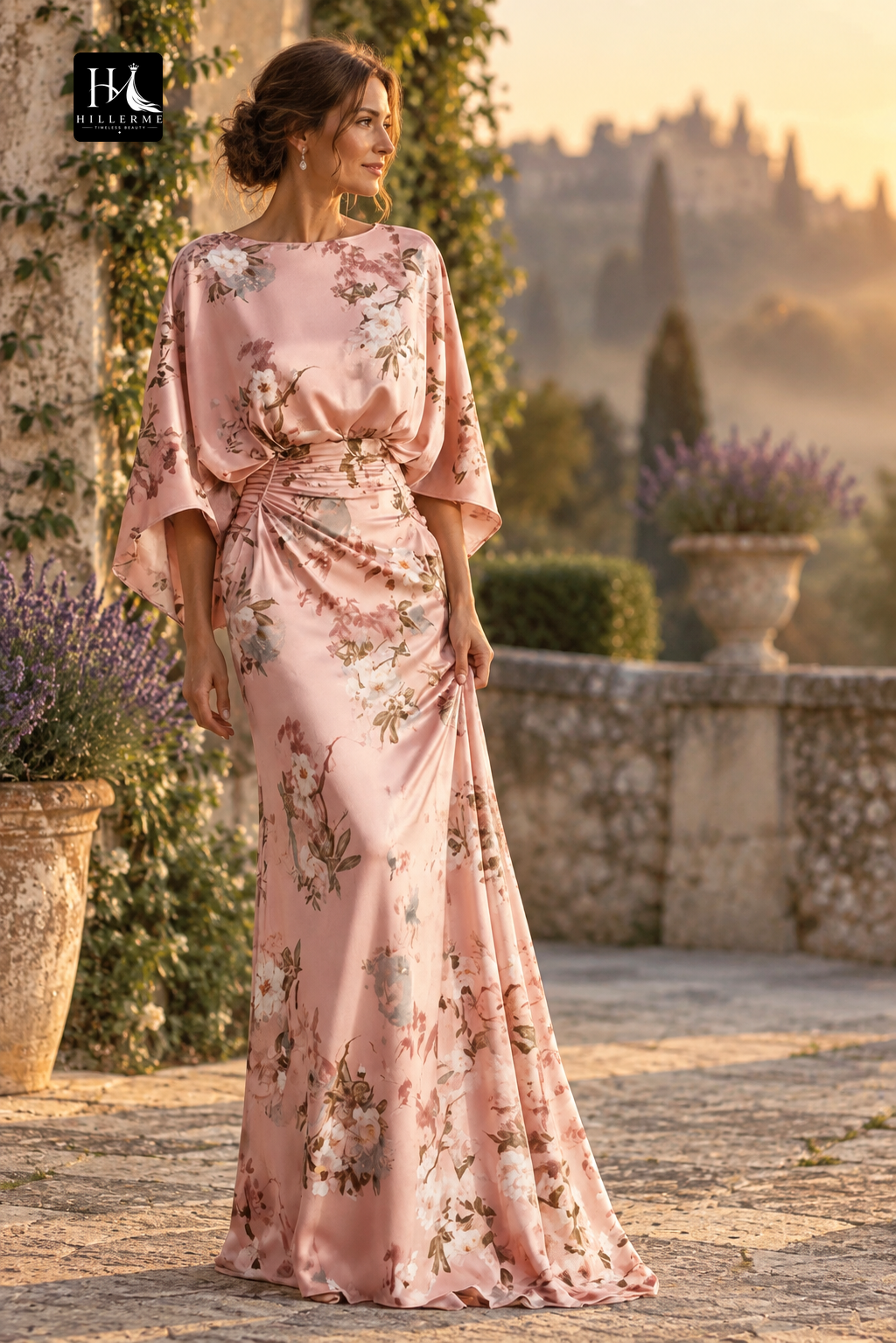 Scoop-Neck Half-Sleeve Print Satin Pleated Floor-Length Mermaid Mother of the Bride Dress