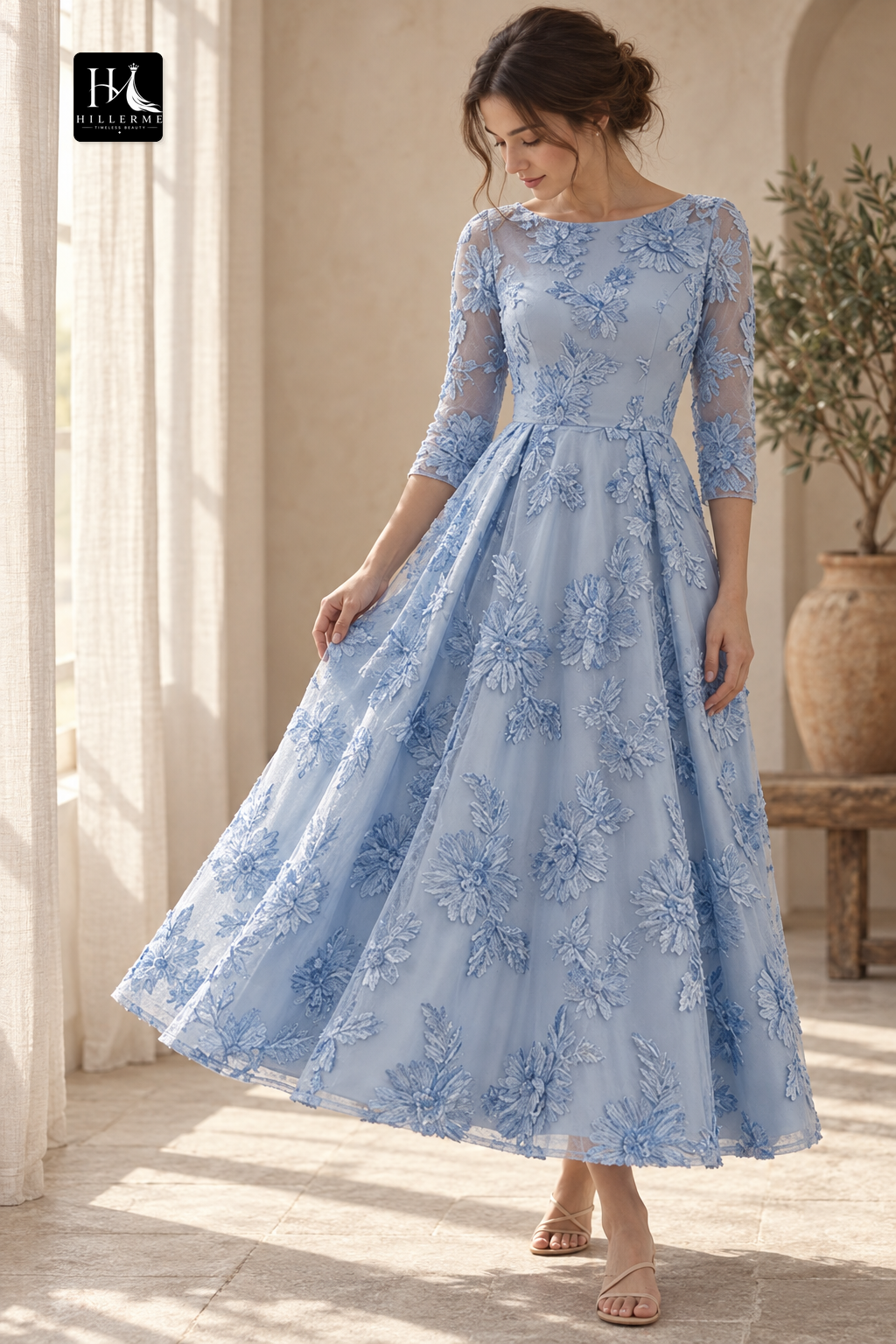 A-Line Scoop-Neck Mother of the Bride Dress with 3/4 Sleeves and Ankle-Length Jacquard Tulle Pleats