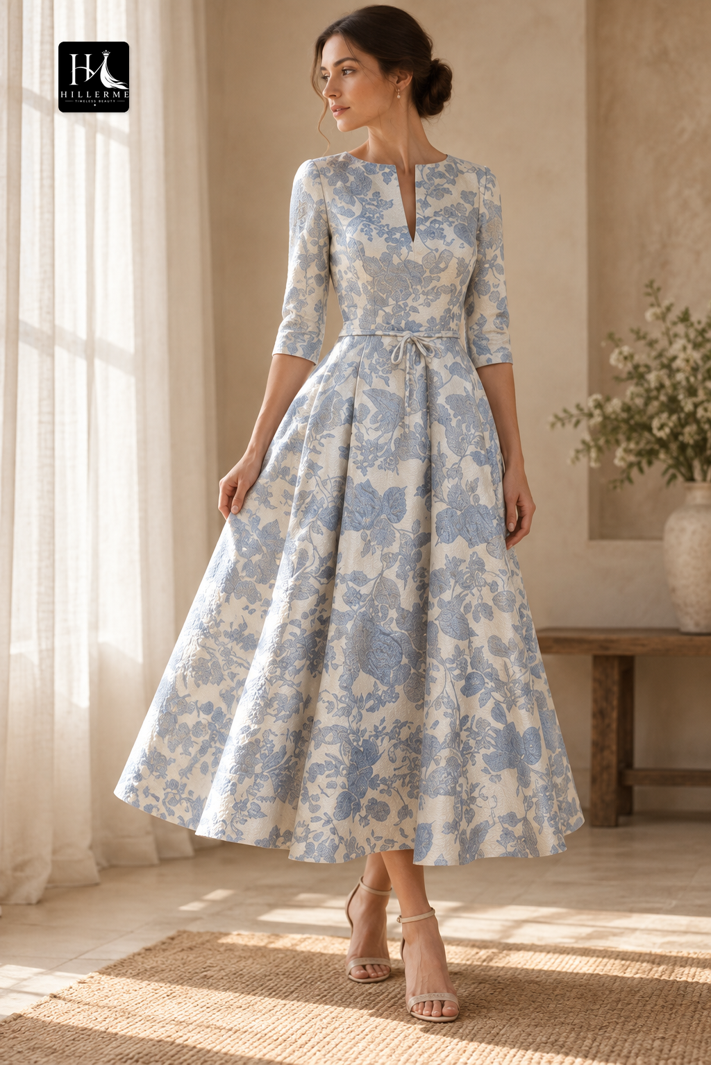 Scoop-Neck 3/4-Sleeve Jacquard Satin Pleated A-Line Ankle-Length Mother of the Bride Dress