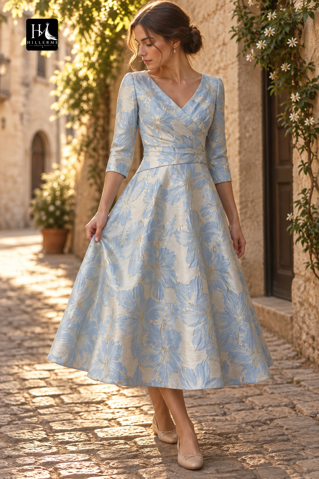 V-Neck 3/4-Sleeve Jacquard Satin A-Line Ankle-Length Mother of the Bride Dress