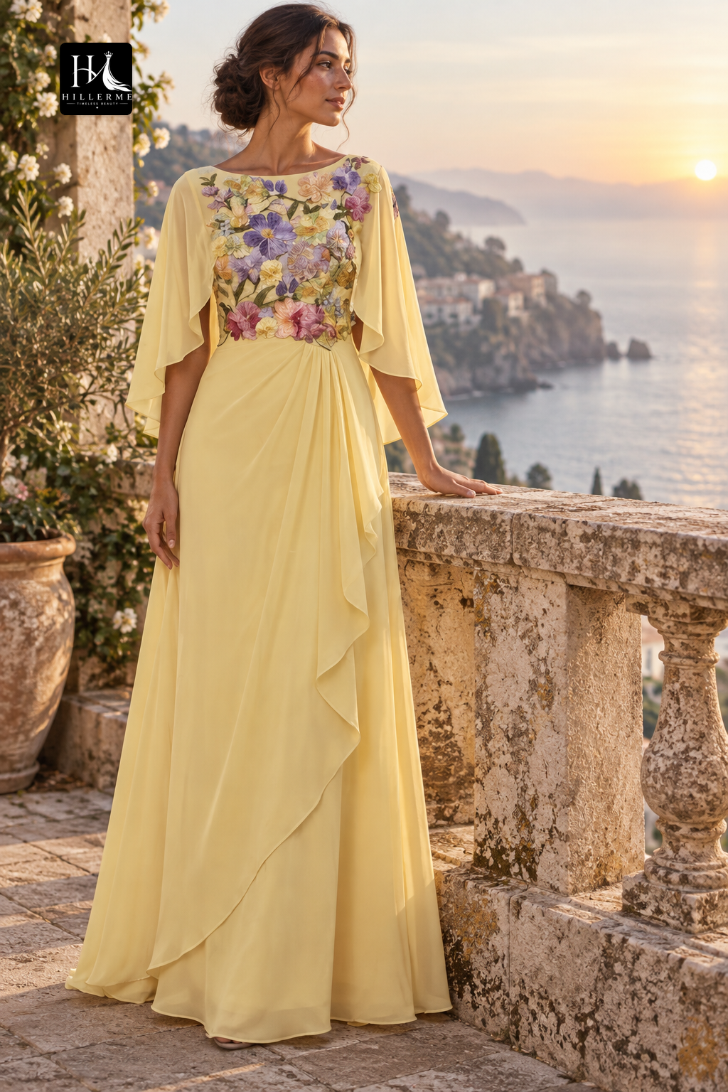 Strapless Scoop-Neck A-Line Mother of the Bride Dress with Cape Sleeves and Pleated Jacquard Chiffon