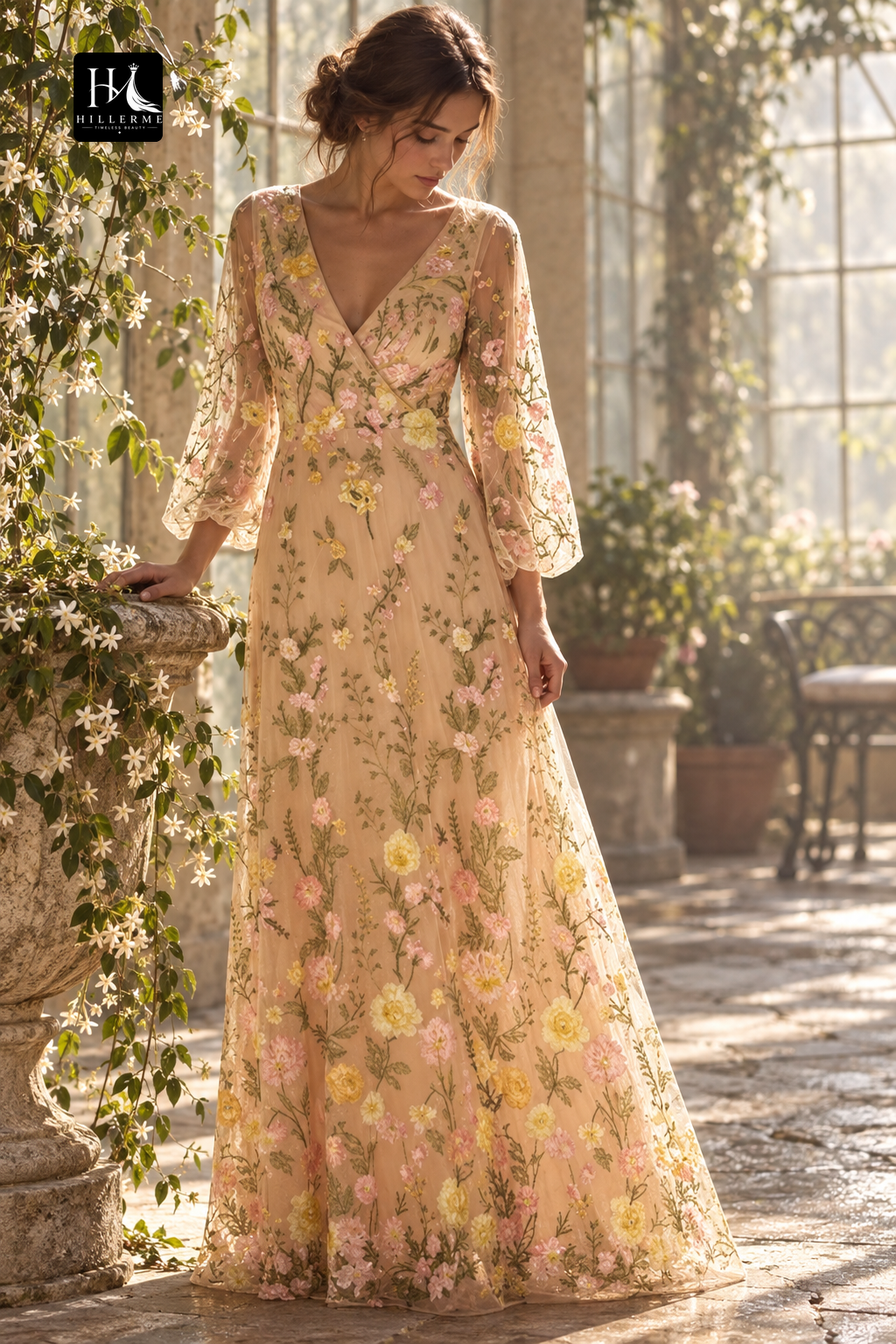 V-Neck Long Sleeve Floor-Length Jacquard Tulle Pleated A-Line Mother of the Bride Dress