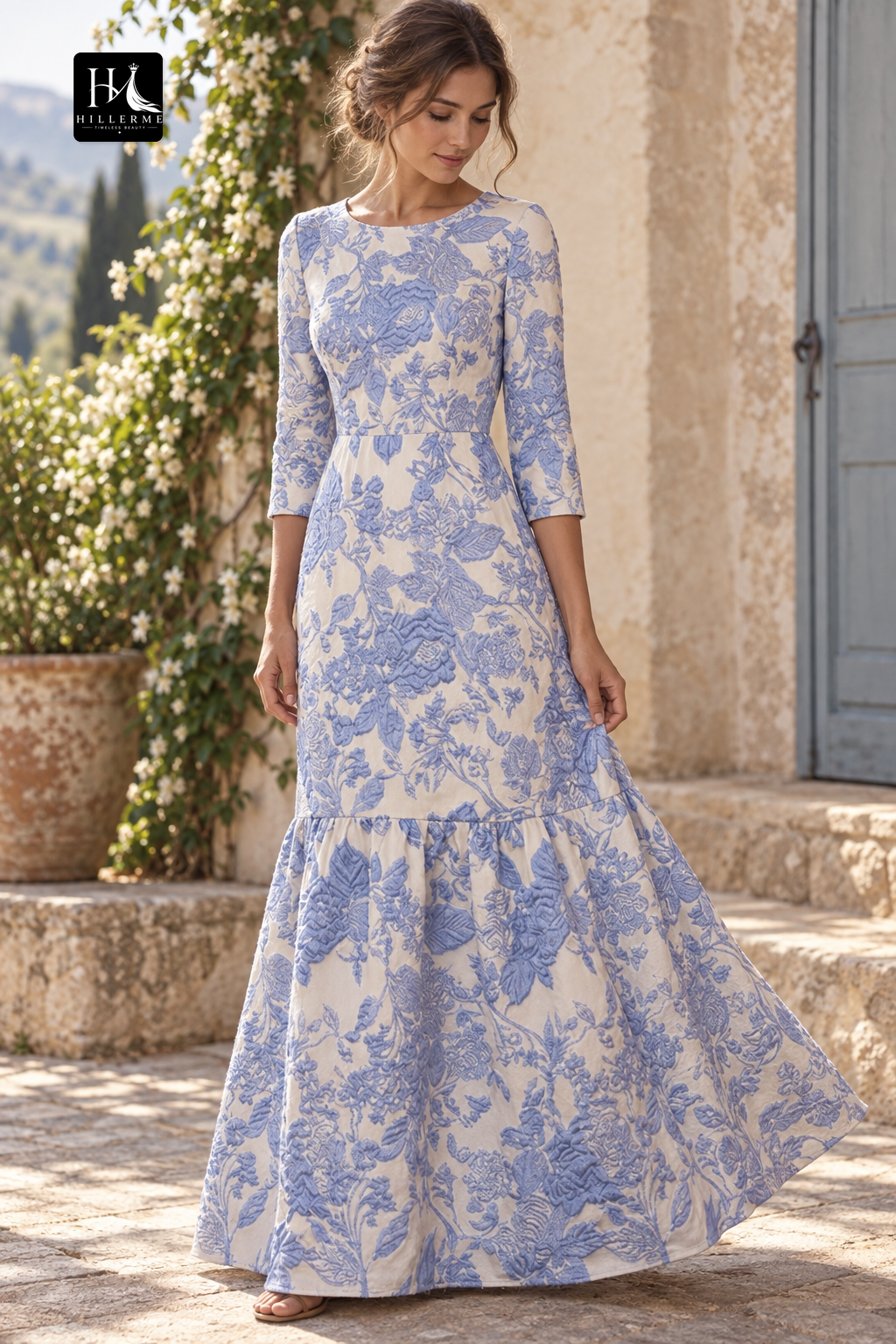 Floor-Length A-Line Mother of the Bride Dress with Scoop Neck and 3/4 Sleeves in Jacquard Satin