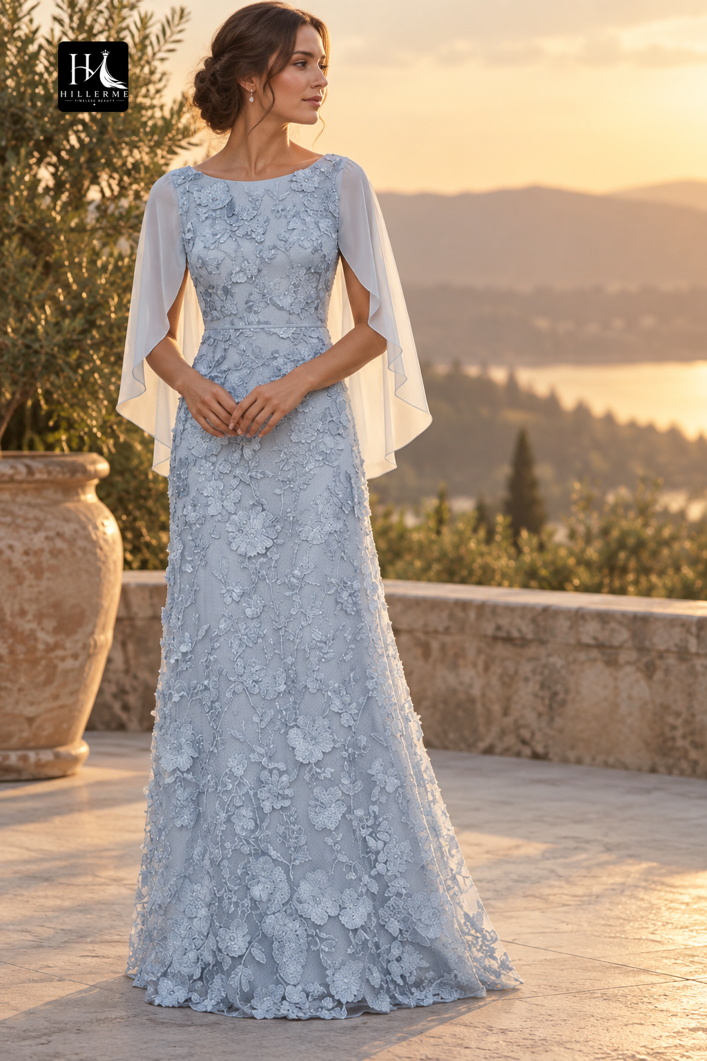 Floor-Length A-Line Mother of the Bride Dress with Scoop Neck and Cape Sleeves in Jacquard Chiffon