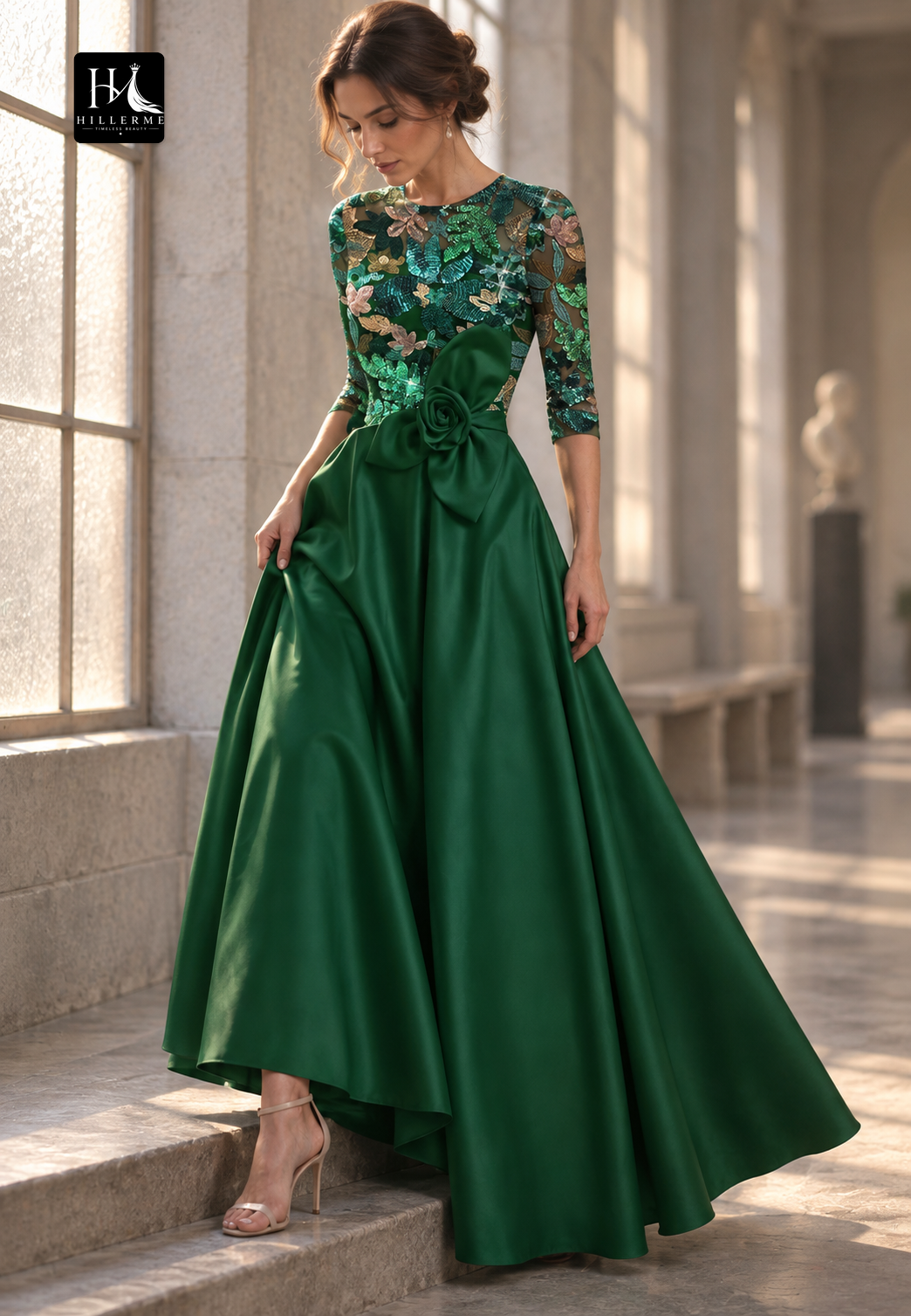 Strapless Scoop-Neck Sequined Satin & Tulle Ankle-Length A-Line Mother of the Bride Gown