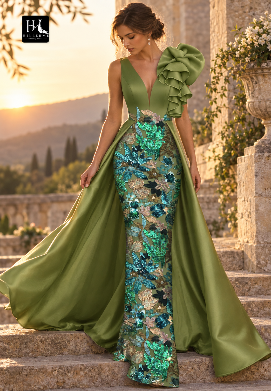 Sleeveless Mermaid Mother of the Bride Dress with Deep V-Neck, Sequined Ruffles, Satin & Tulle