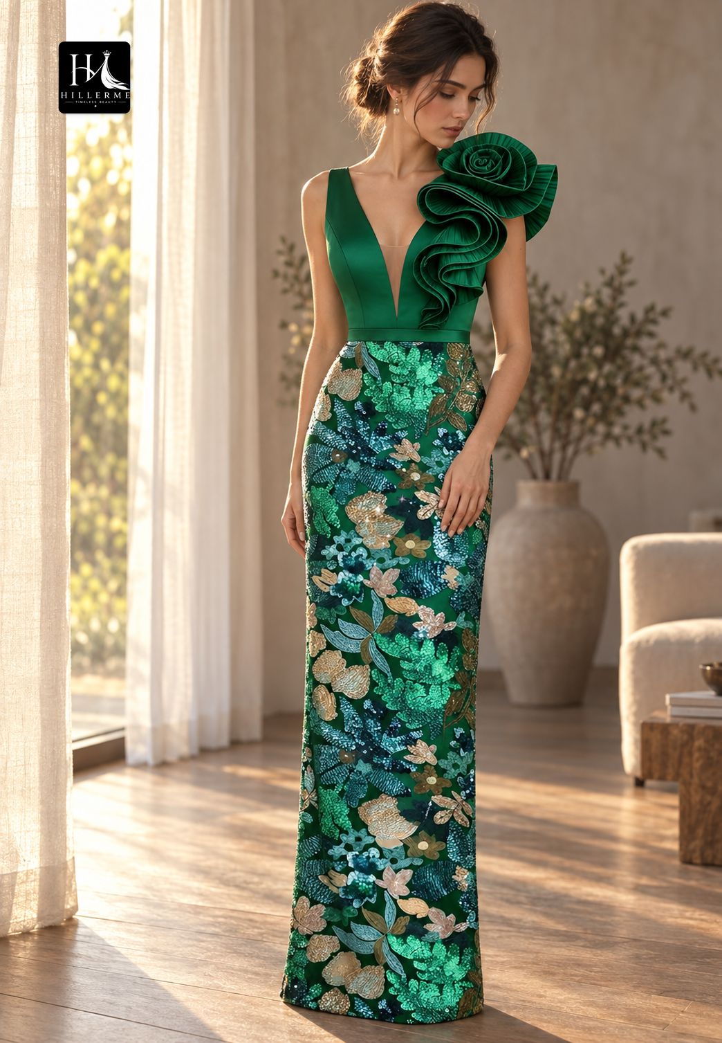 Adjustable Straps Deep V-Neck Sequined Ruffled Satin & Tulle Mermaid Mother of the Bride Dress
