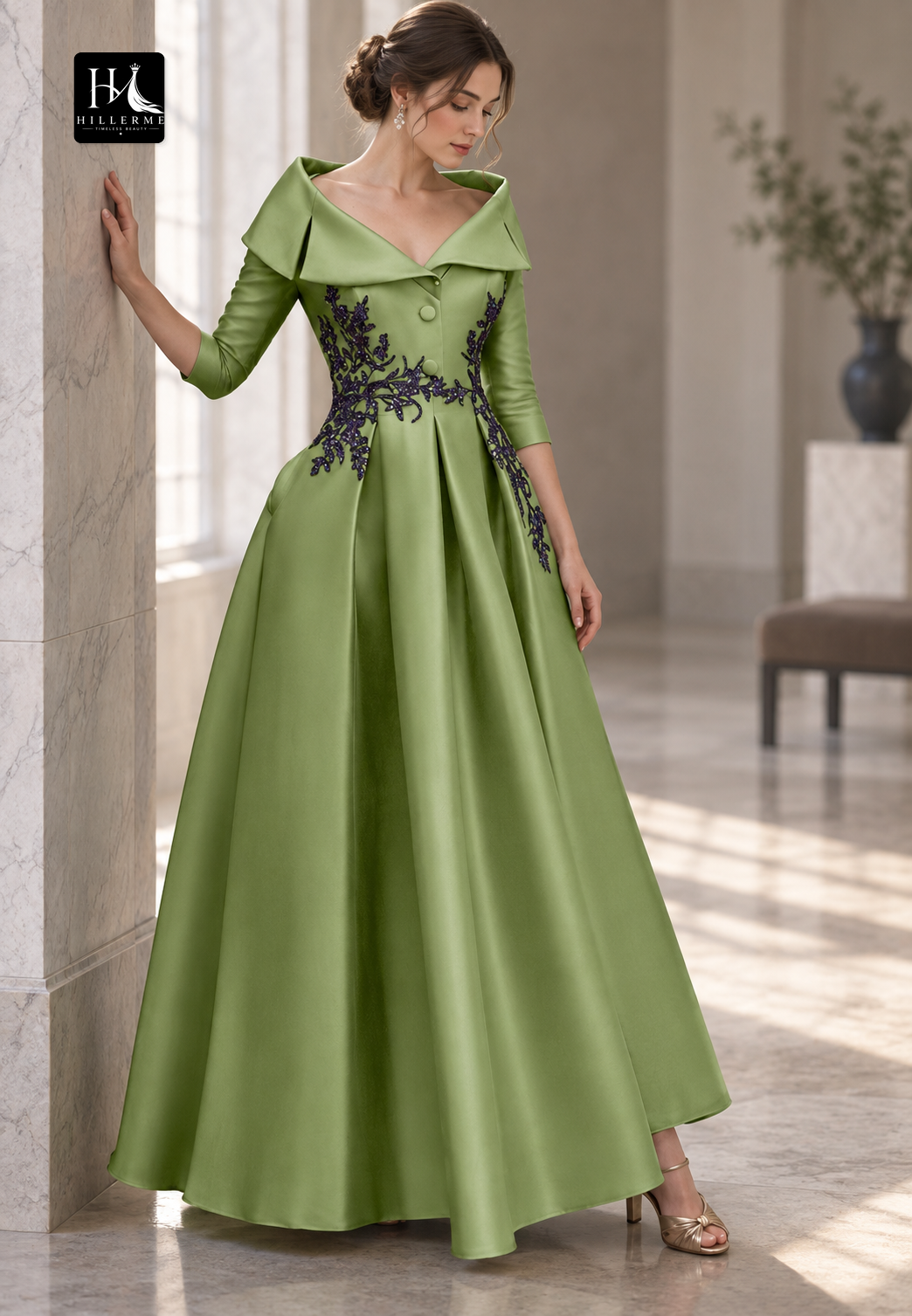 Sequined Appliqué Satin A-Line Mother of the Bride Dress with Collared 3/4 Sleeves and Ankle-Length Silhouette