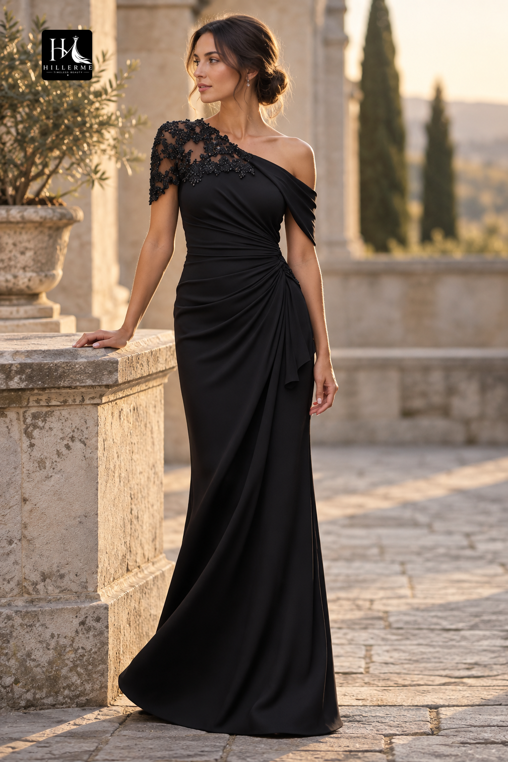 Floor-Length Mermaid Mother of the Bride Dress with Asymmetrical Neckline and Beaded Satin Pleats
