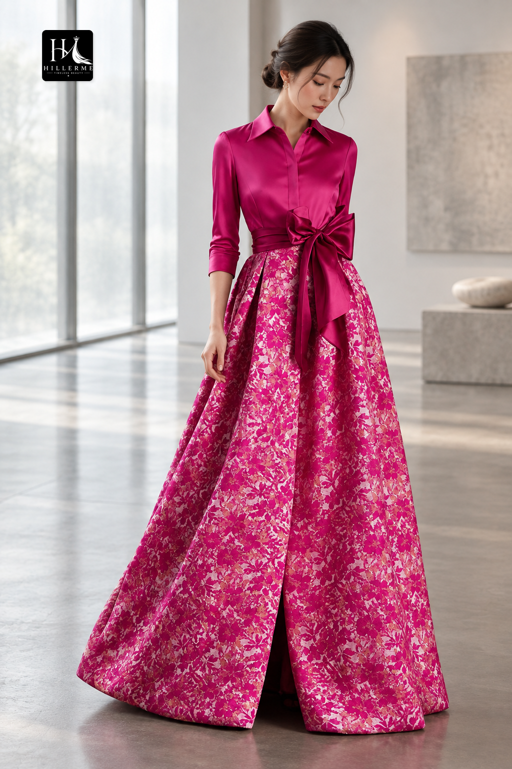 Strapless Half-Sleeve Floor-Length Print Satin A-Line Mother of the Bride Dress with Side Slit