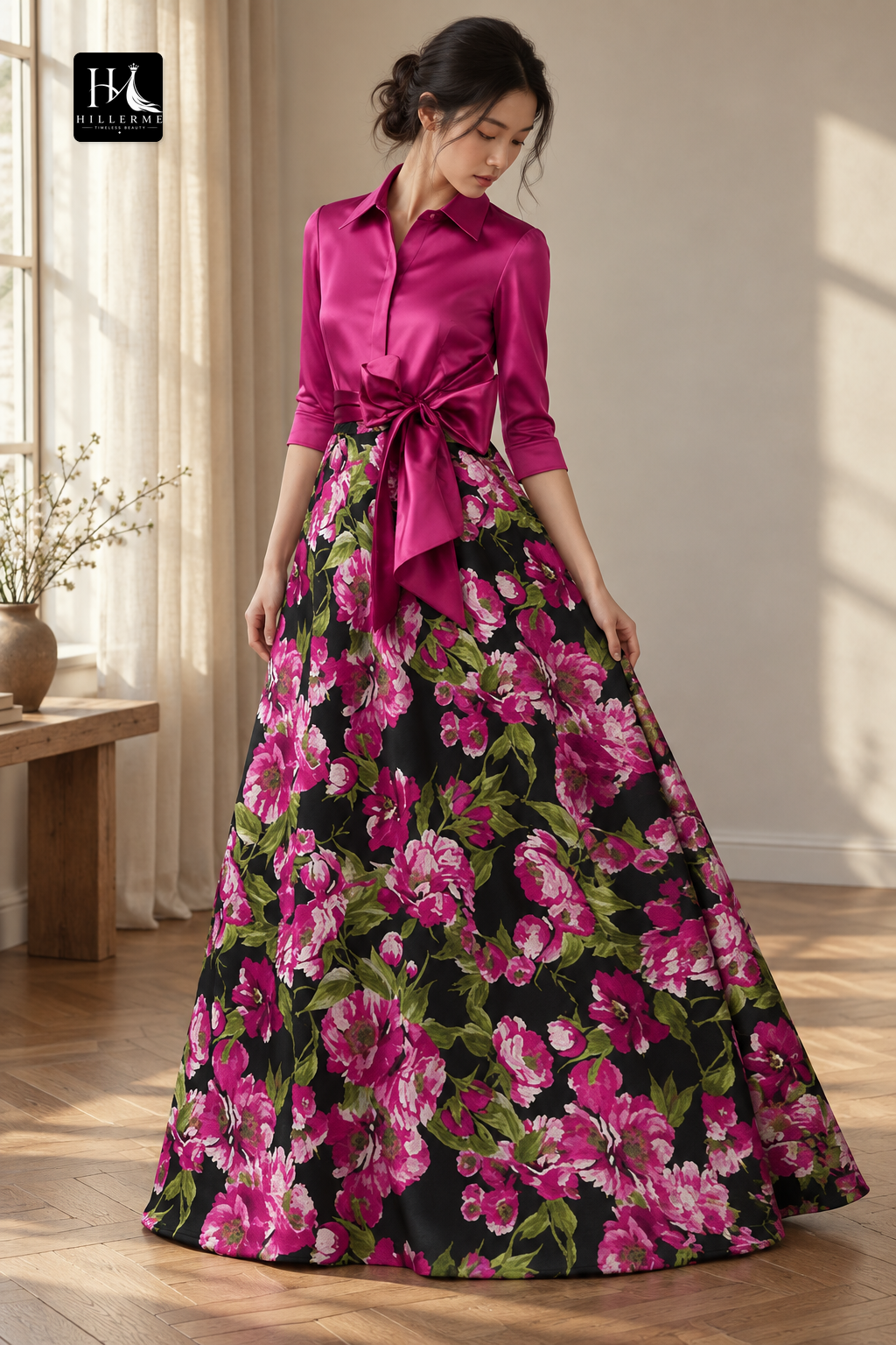Print Satin A-Line Floor-Length Mother of the Bride Dress with Collared Half Sleeves