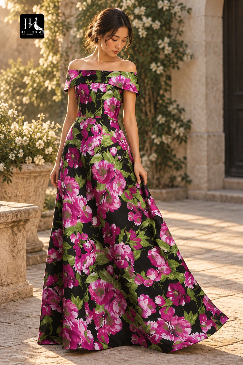Sleeveless Bateau-Neck Floor-Length A-Line Print Satin Mother of the Bride Dress