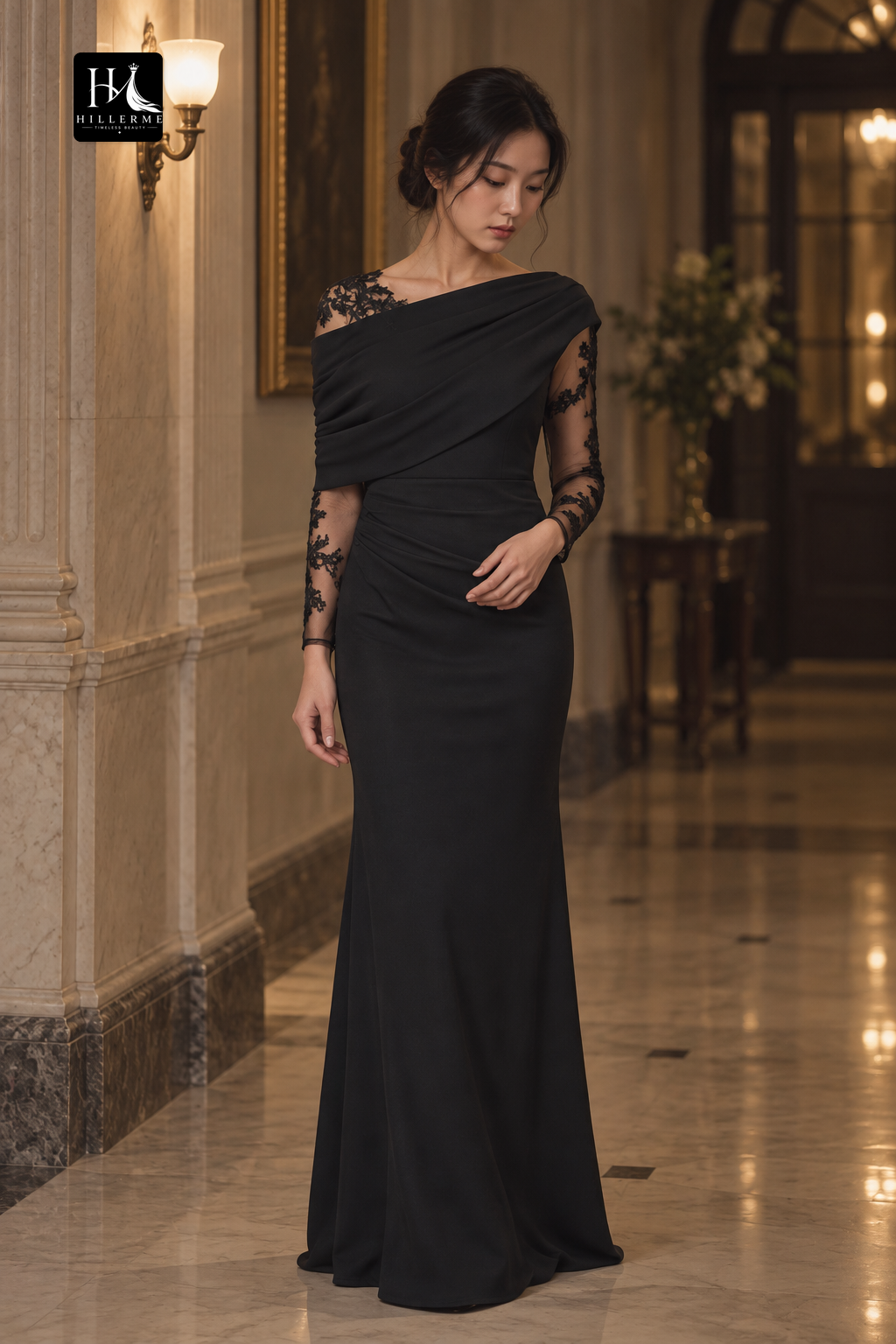 Mermaid Mother of the Bride Dress with Asymmetrical Neckline and Long-Sleeve Lace Appliqués