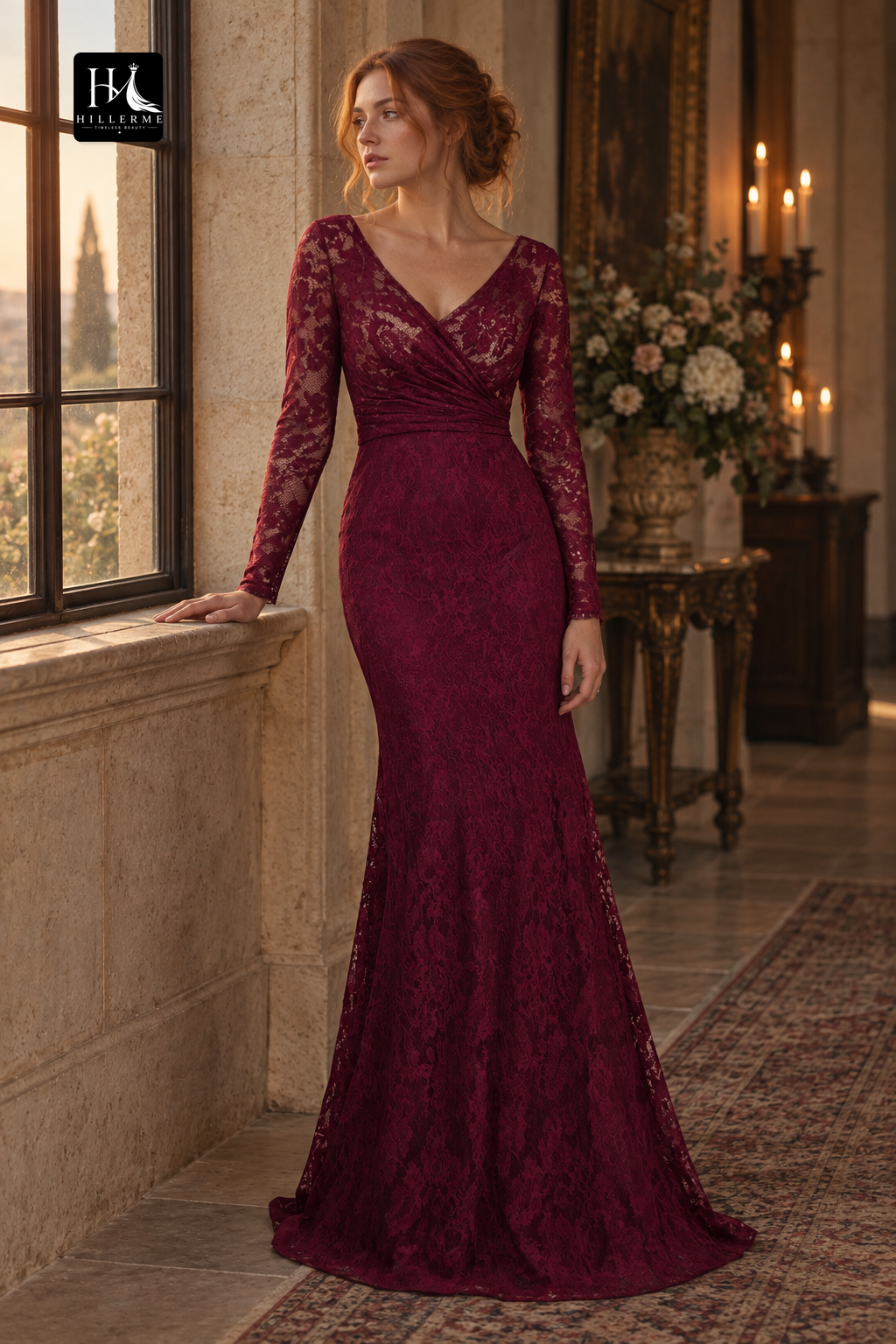 V-Neck Long-Sleeve Floor-Length Lace Sheer Pleated Mermaid Mother of the Bride Dress